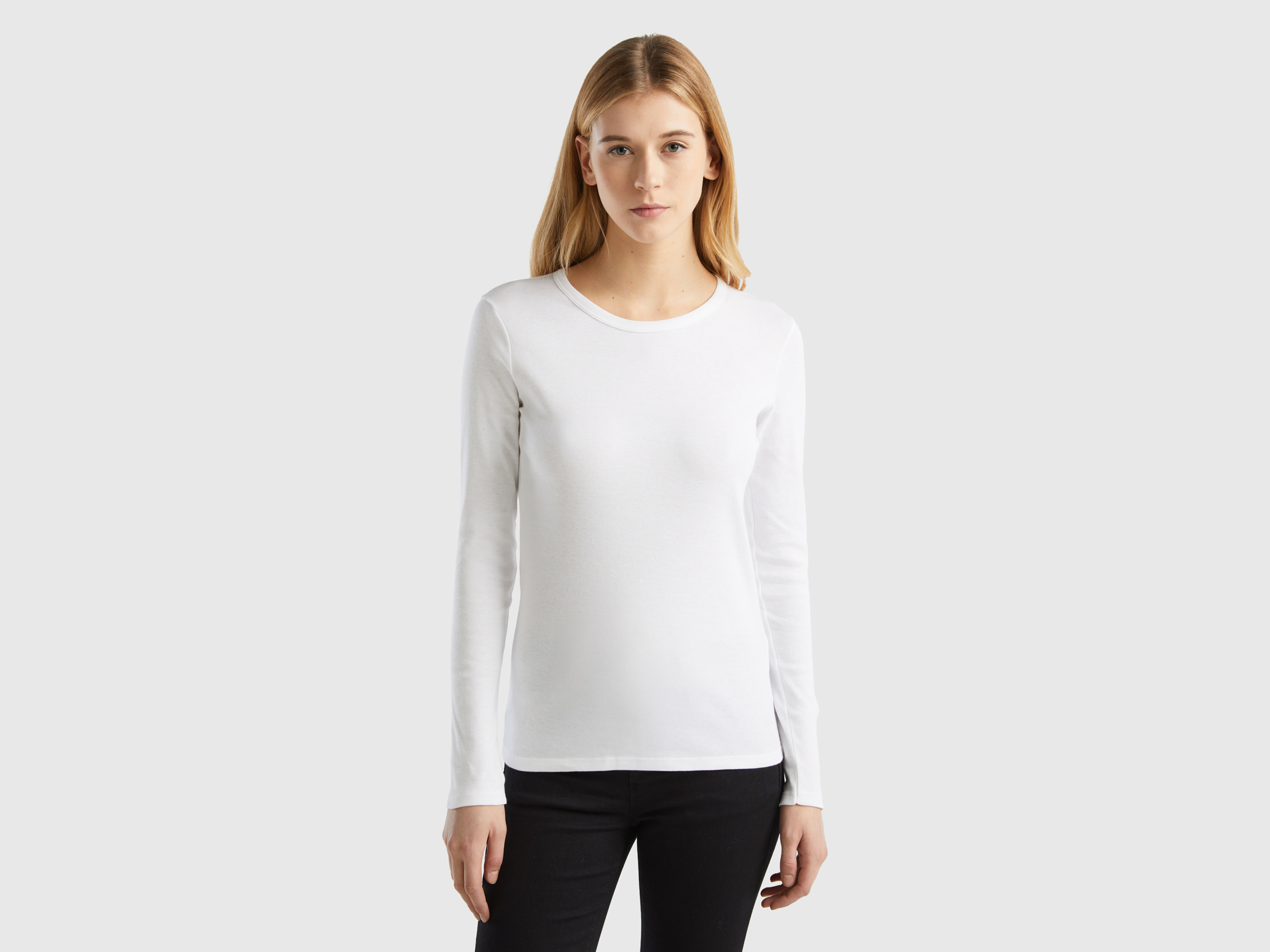 Benetton, Long Sleeve Pure Cotton T-shirt, size S, White, Women