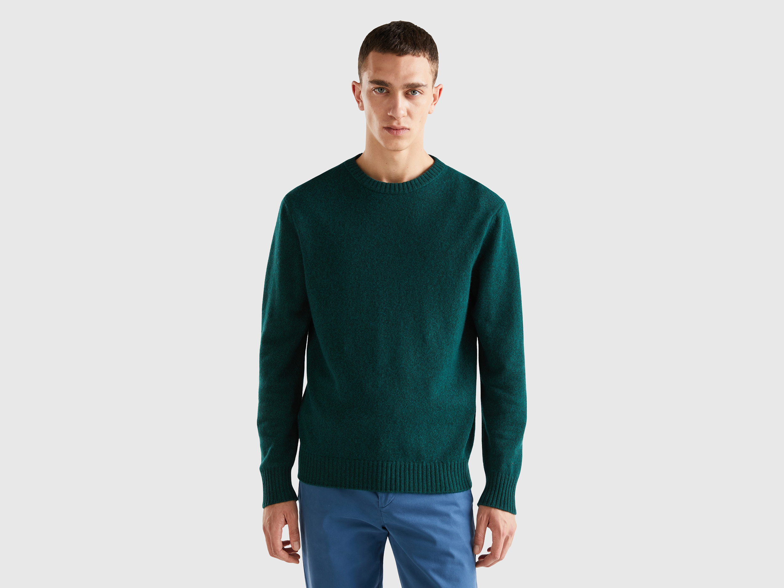 Benetton, Crew Neck Sweater In Cashmere And Wool Blend, size XXL, Dark Green, Men
