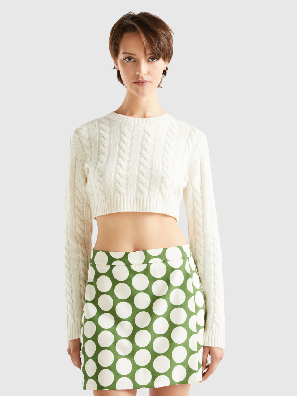 Benetton, Cropped Sweater With Cables, White, Women