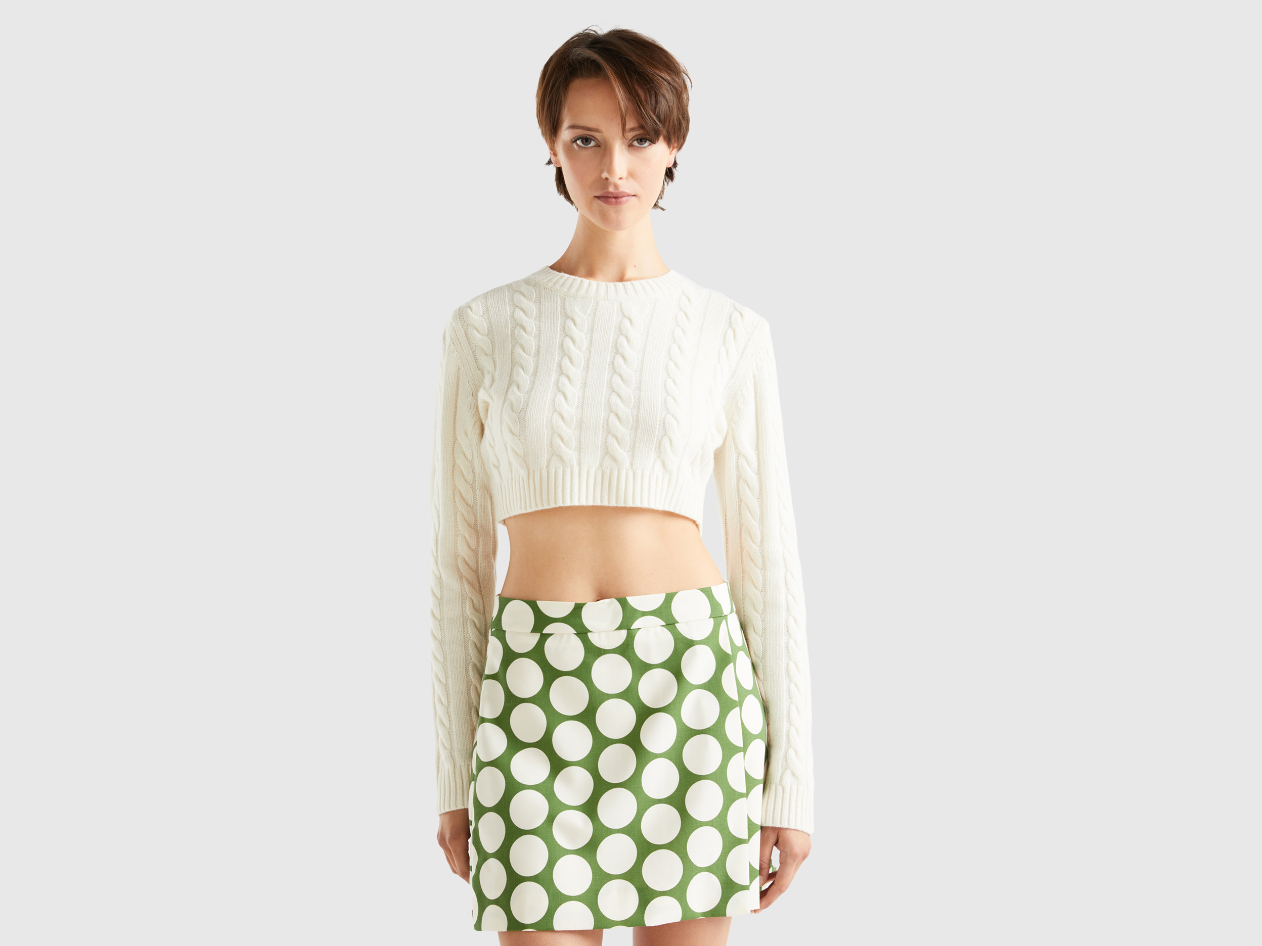 Benetton, Cropped Sweater With Cables, size XL, White, Women