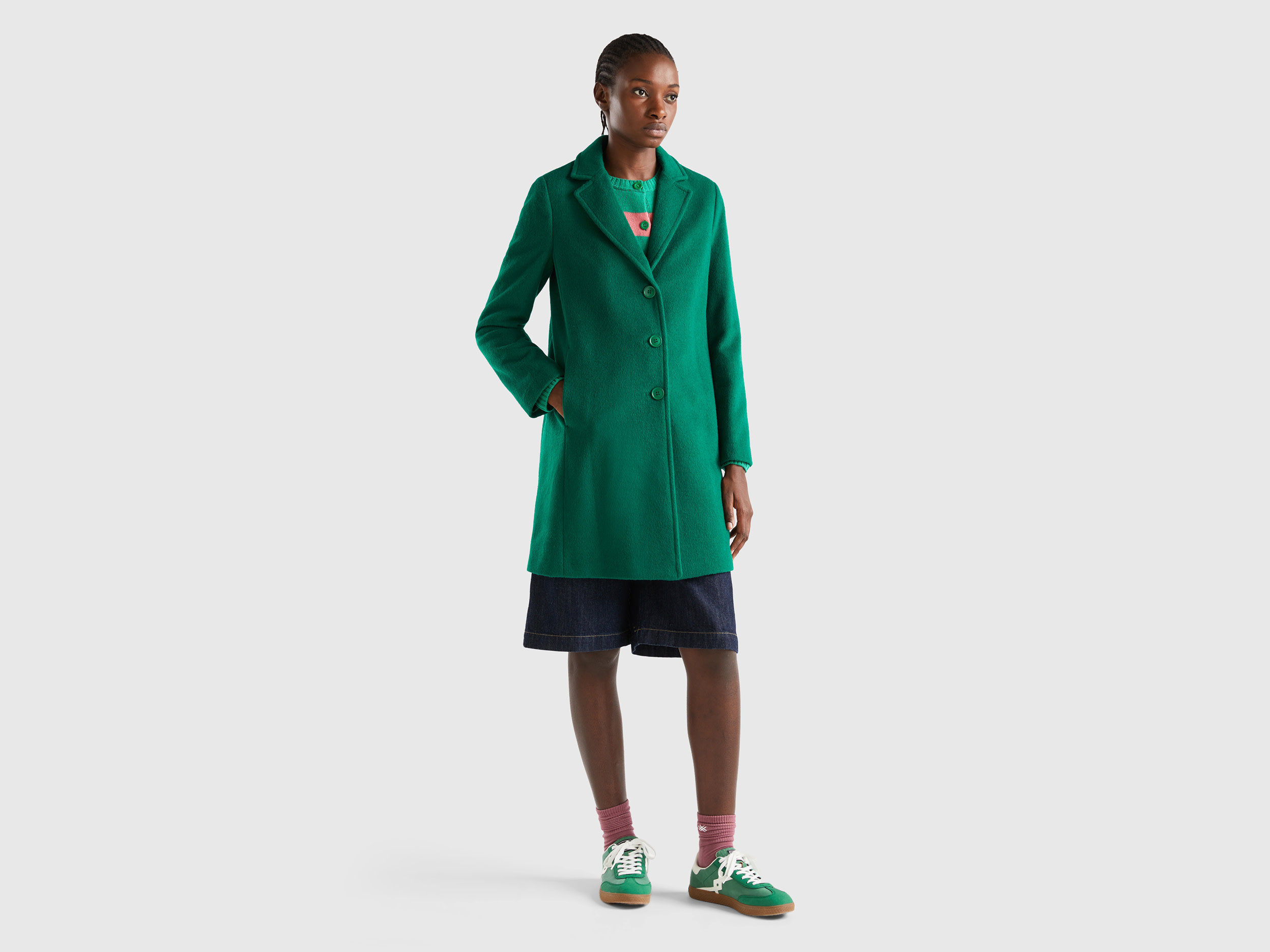 Benetton, Short Coat In Wool Blend Cloth, size 14, Green, Women