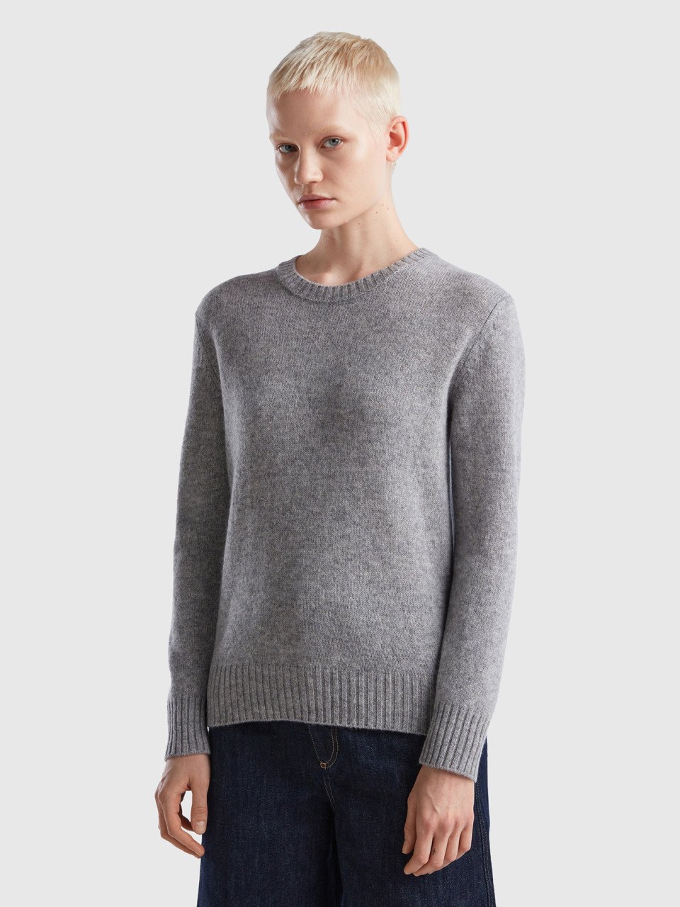 Benetton, Sweater In Pure Shetland Wool, Light Gray, Women