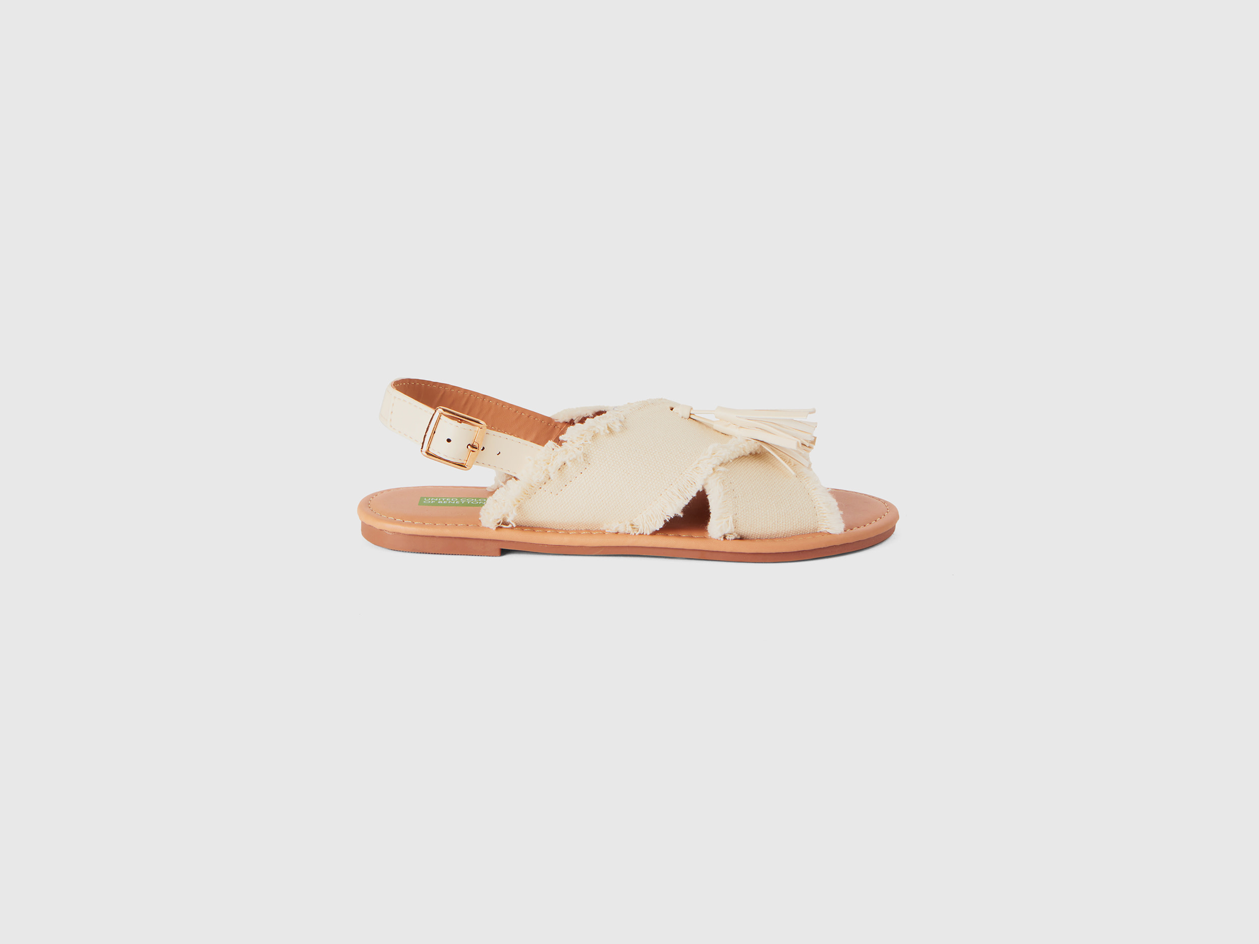 Benetton, Sandali Bassi Con Nappine, Bianco Panna, Bambini