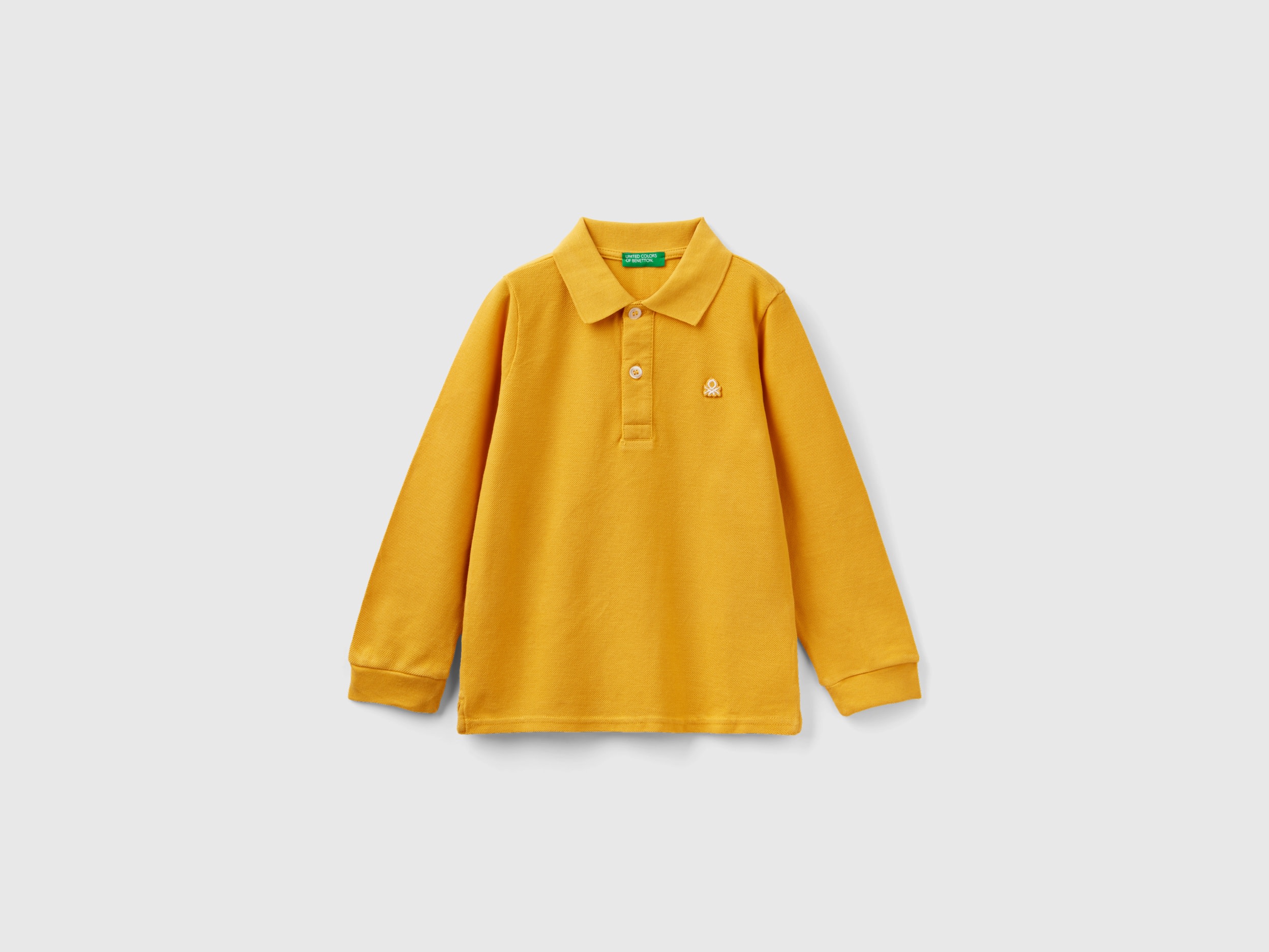 Benetton, Long Sleeve Polo In Organic Cotton, size 4-5, Yellow, Kids