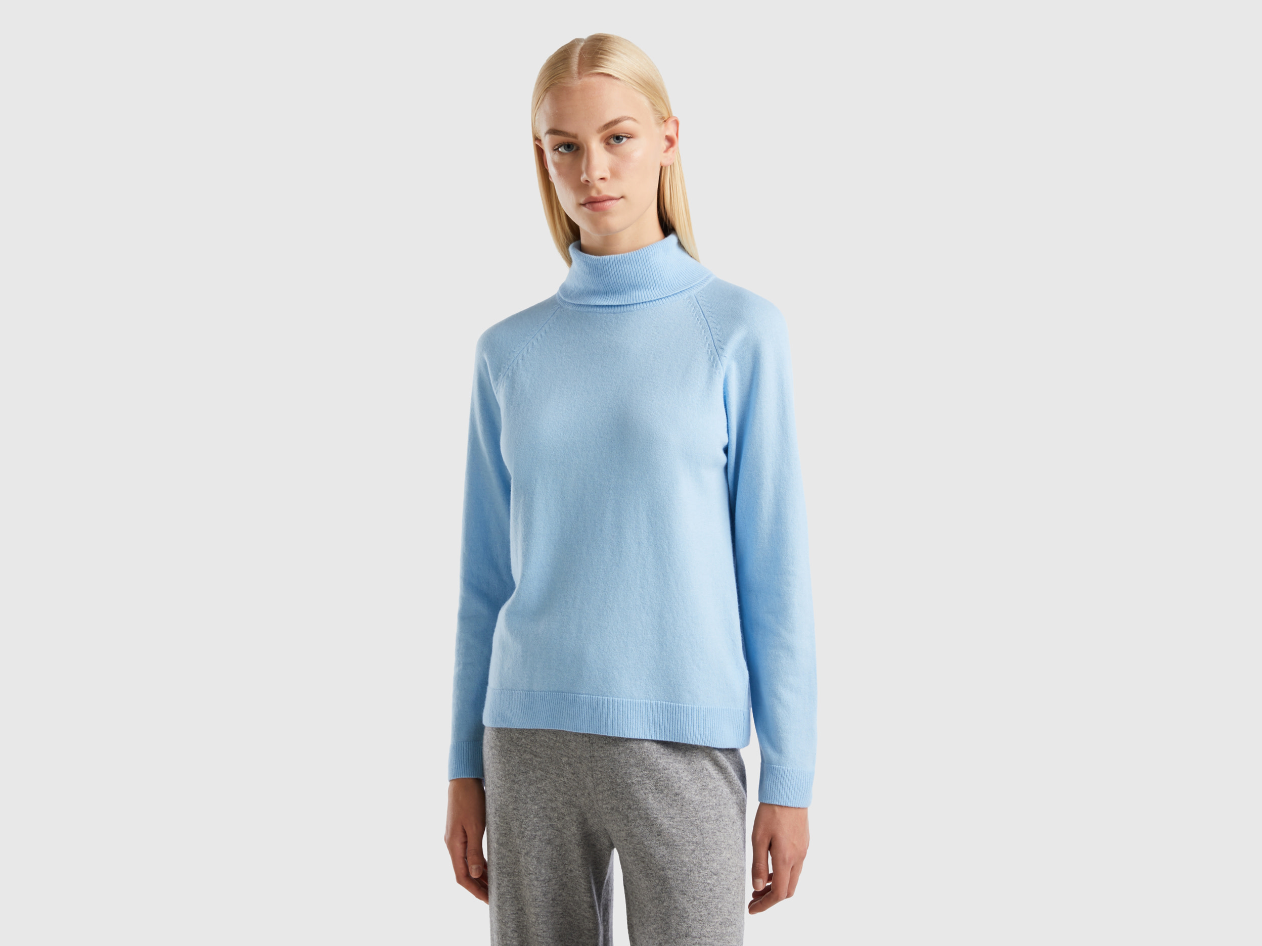 Benetton, Light Blue Turtleneck Sweater In Cashmere And Wool Blend, size L, Light Blue, Women