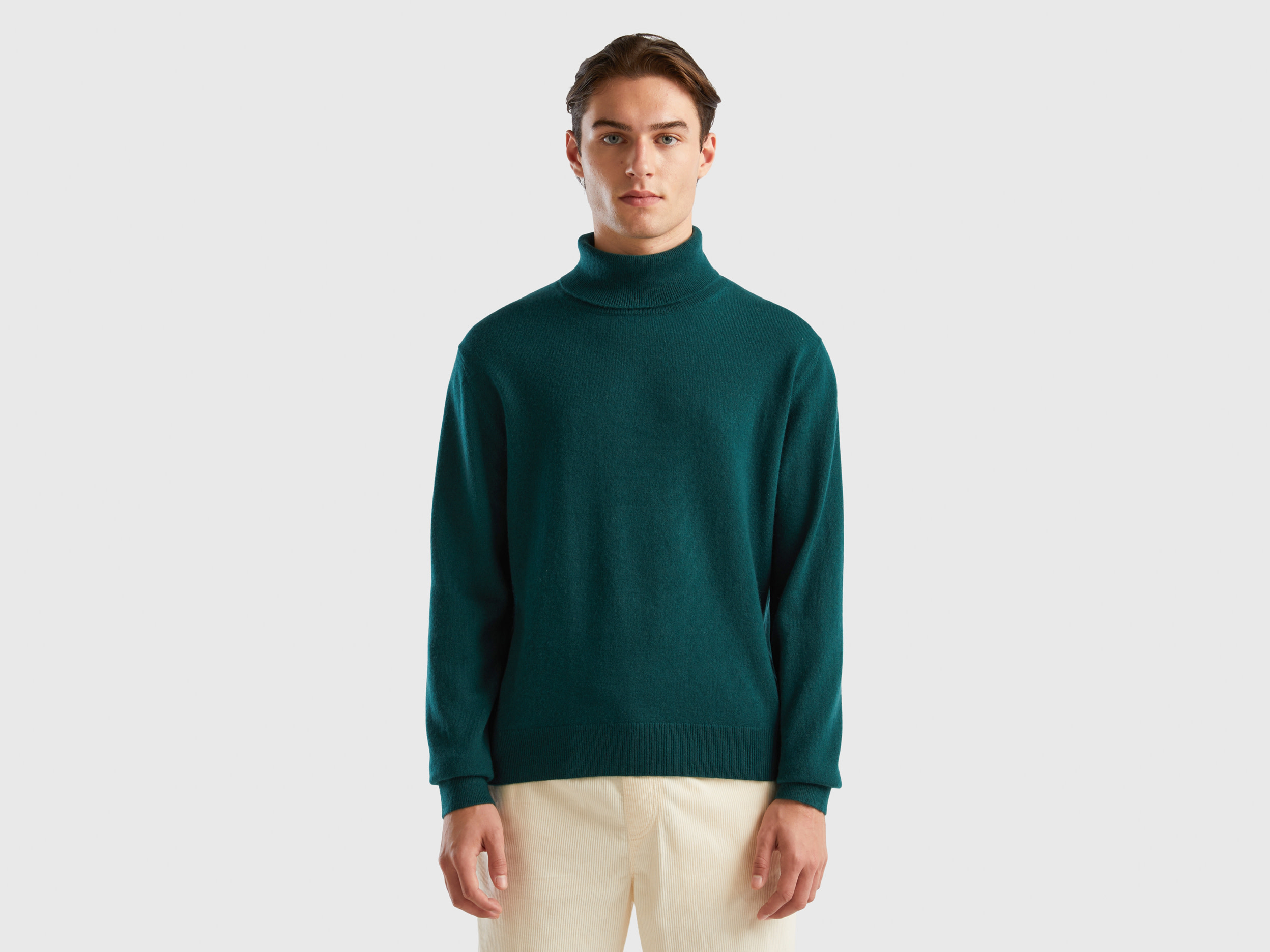Benetton, Dark Green Turtleneck In Pure Cashmere, size XS, Dark Green, Men