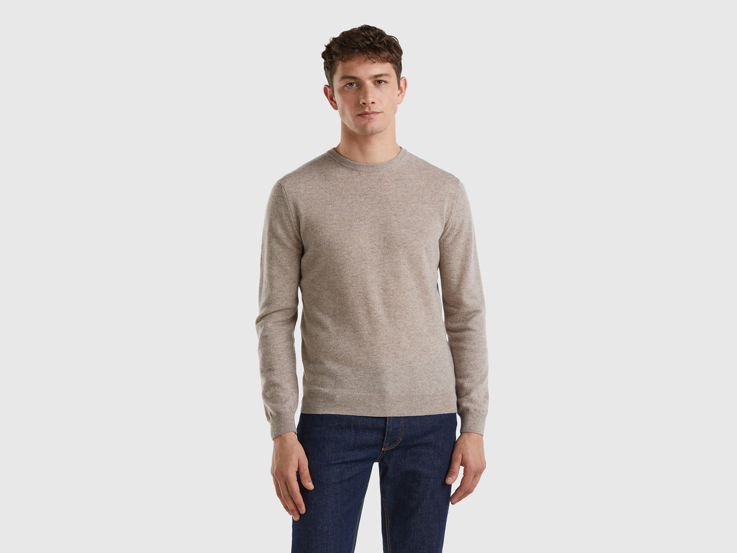 Benetton, Dove Gray Crew Neck Sweater In Pure Merino Wool, size XXL, Dove Gray, Men