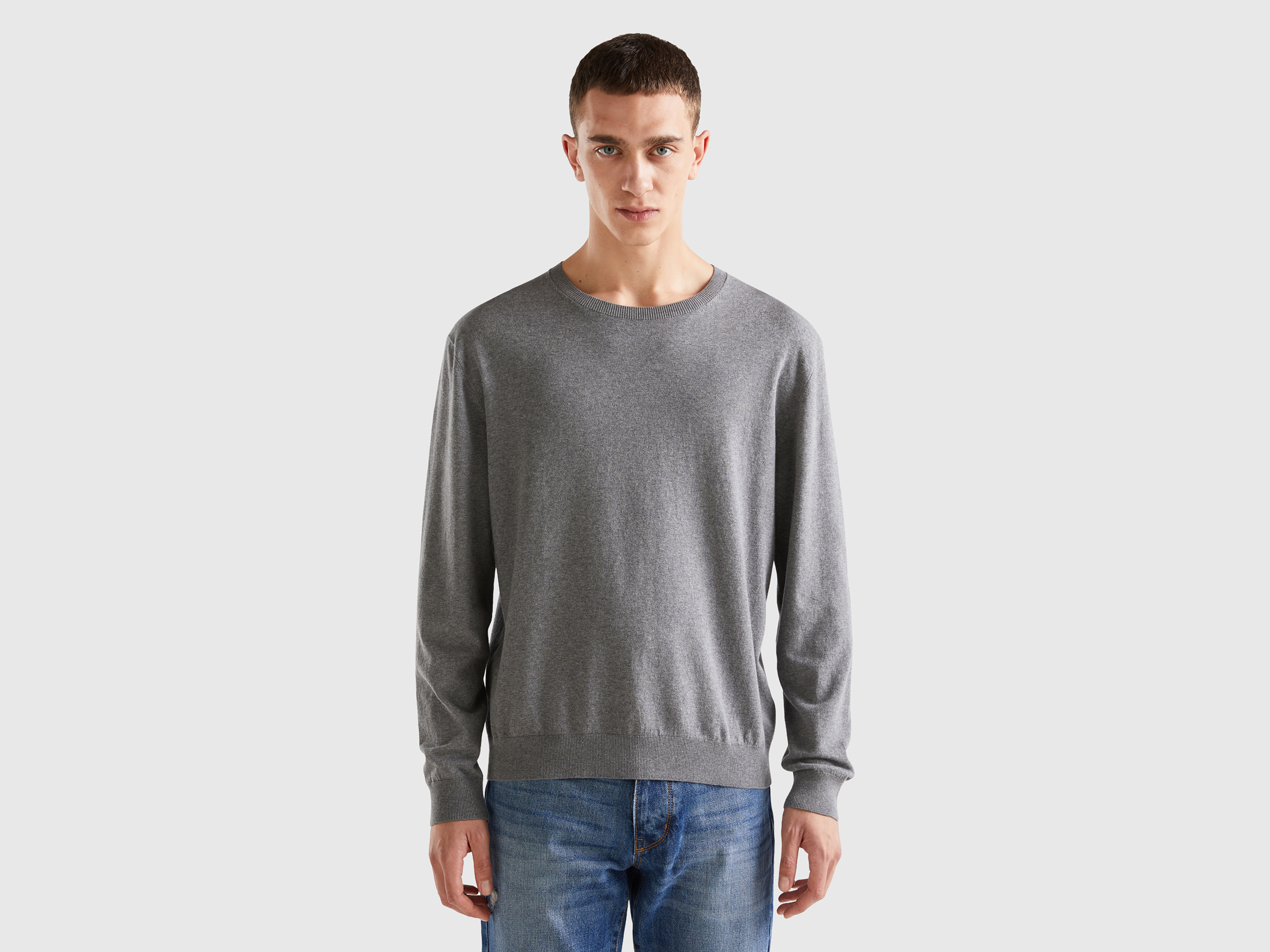 Benetton, Crew Neck Sweater In Lightweight Cotton Blend, size L, Dark Gray, Men