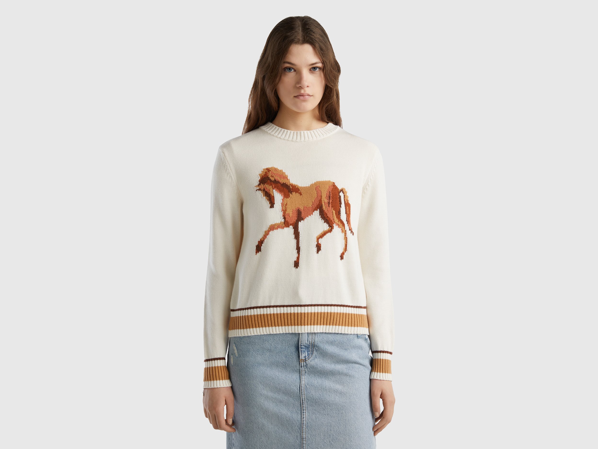 Benetton, Sweater With Horse Inlay, size S, Creamy White, Women