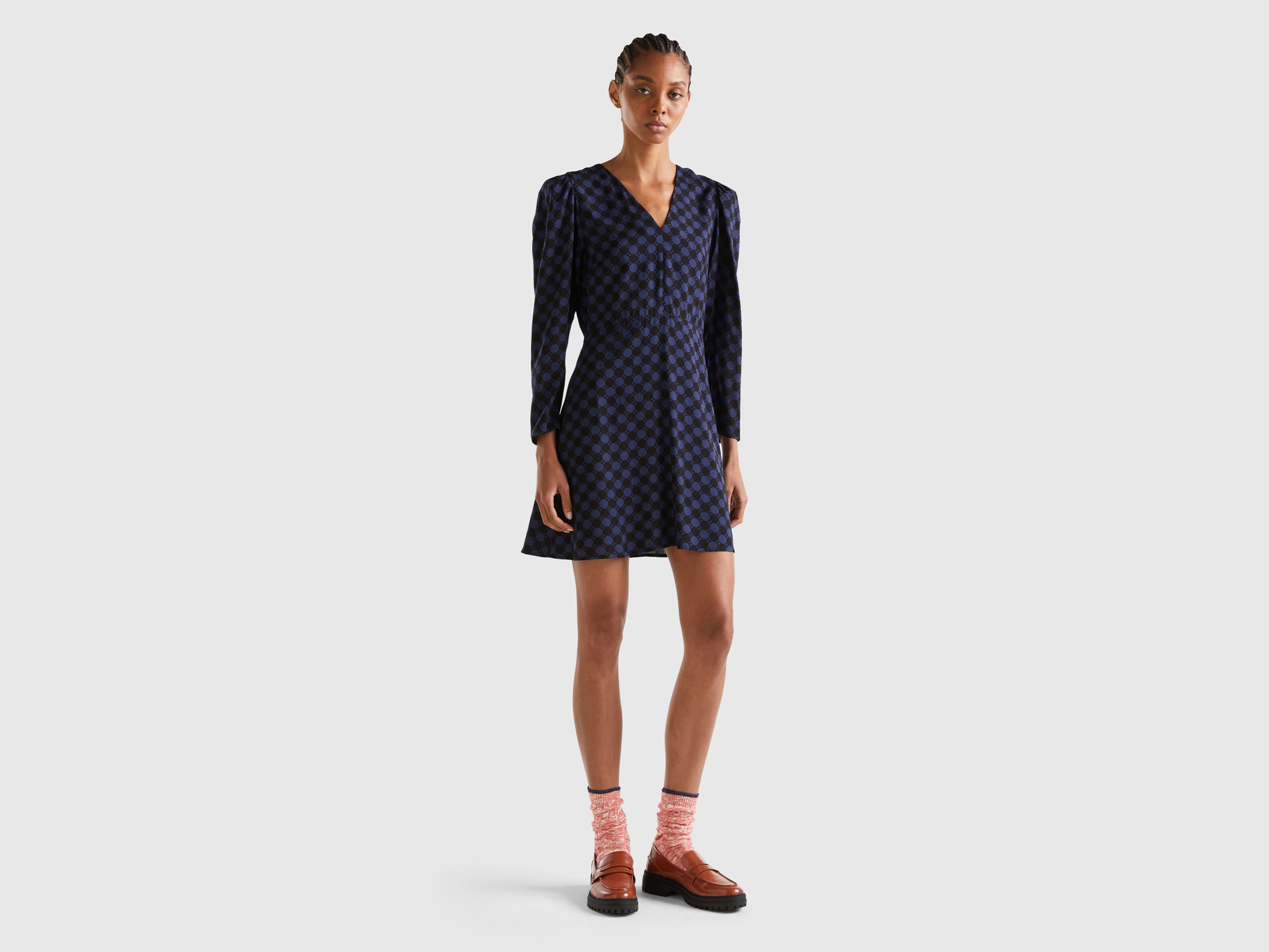 Benetton, Patterned Dress In Sustainable Viscose, size XL, Dark Blue, Women