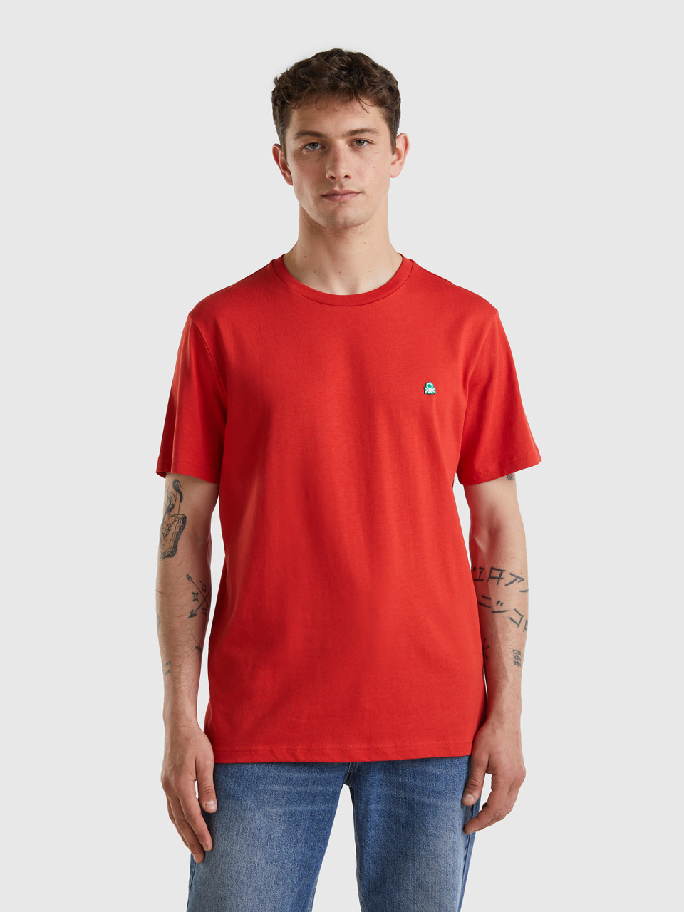 Benetton, T-shirt Basique En 100 % Coton Bio, Rouge, Homme