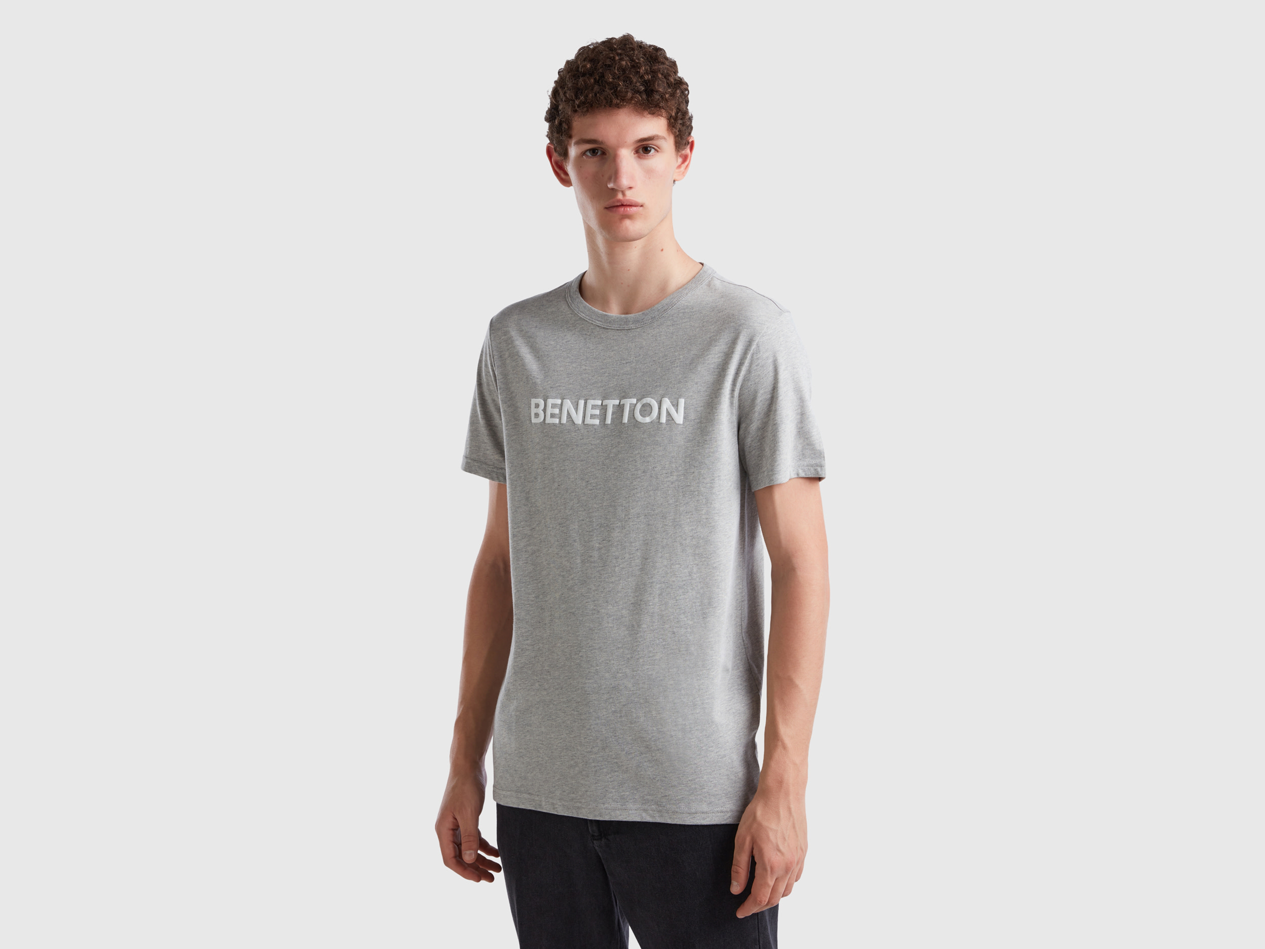 Benetton, Gray T-shirt In Organic Cotton With Logo Print, size XXL, Light Gray, Men