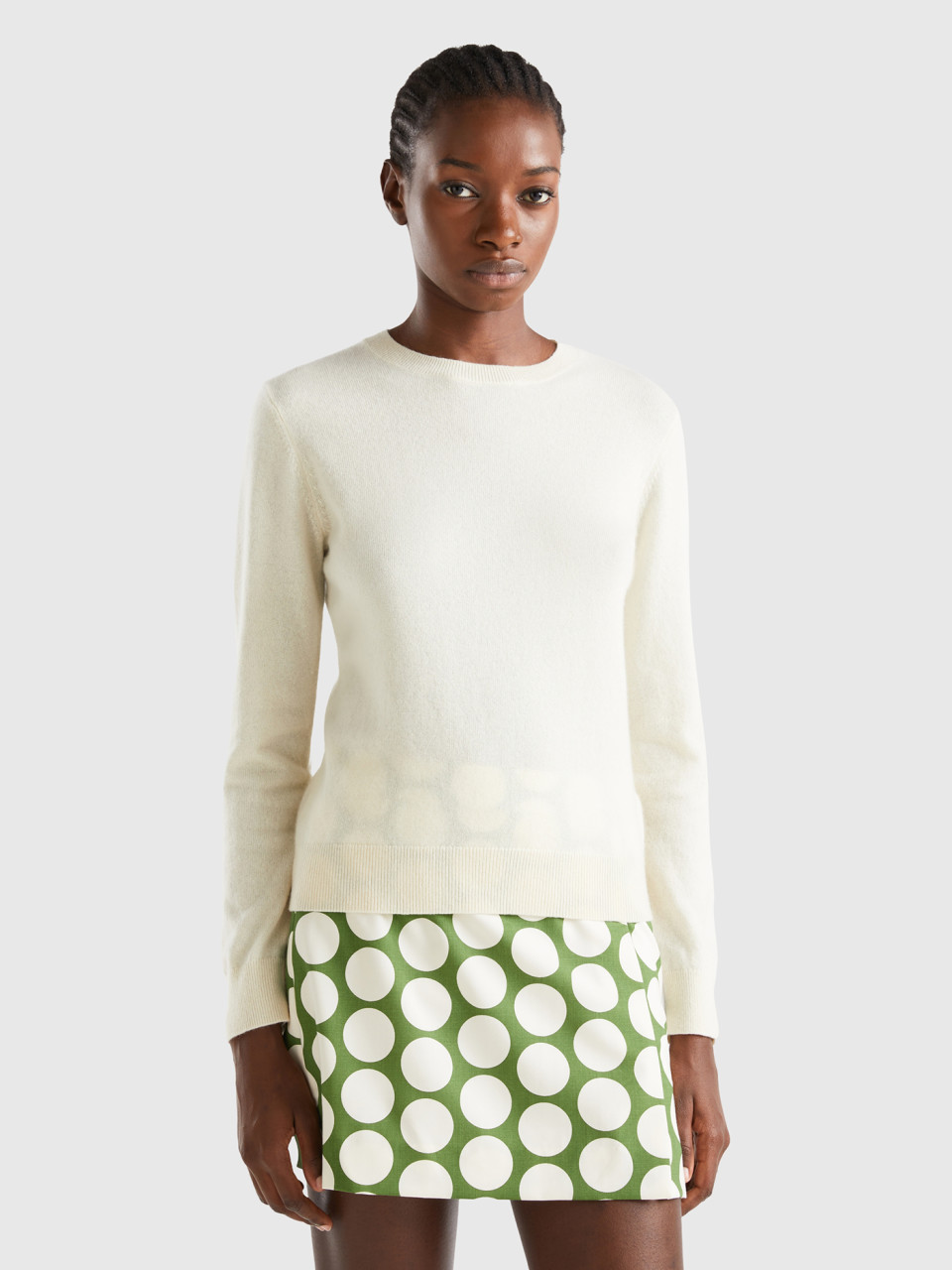 Benetton, Cream White Sweater In Pure Cashmere, Creamy White, Women