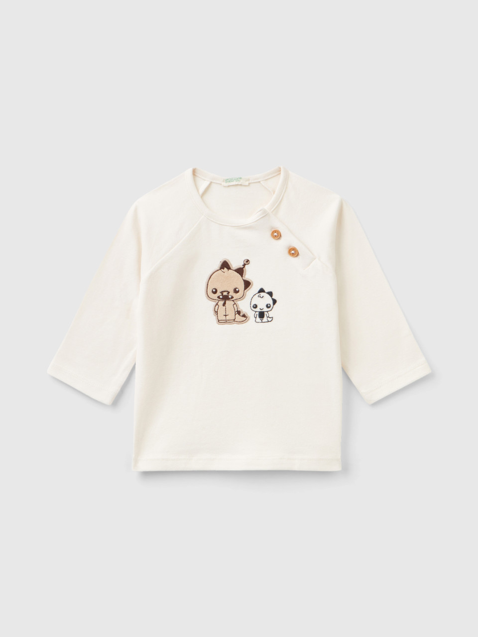Benetton, T-shirt Chaud En Coton Stretch, Crème, Enfants