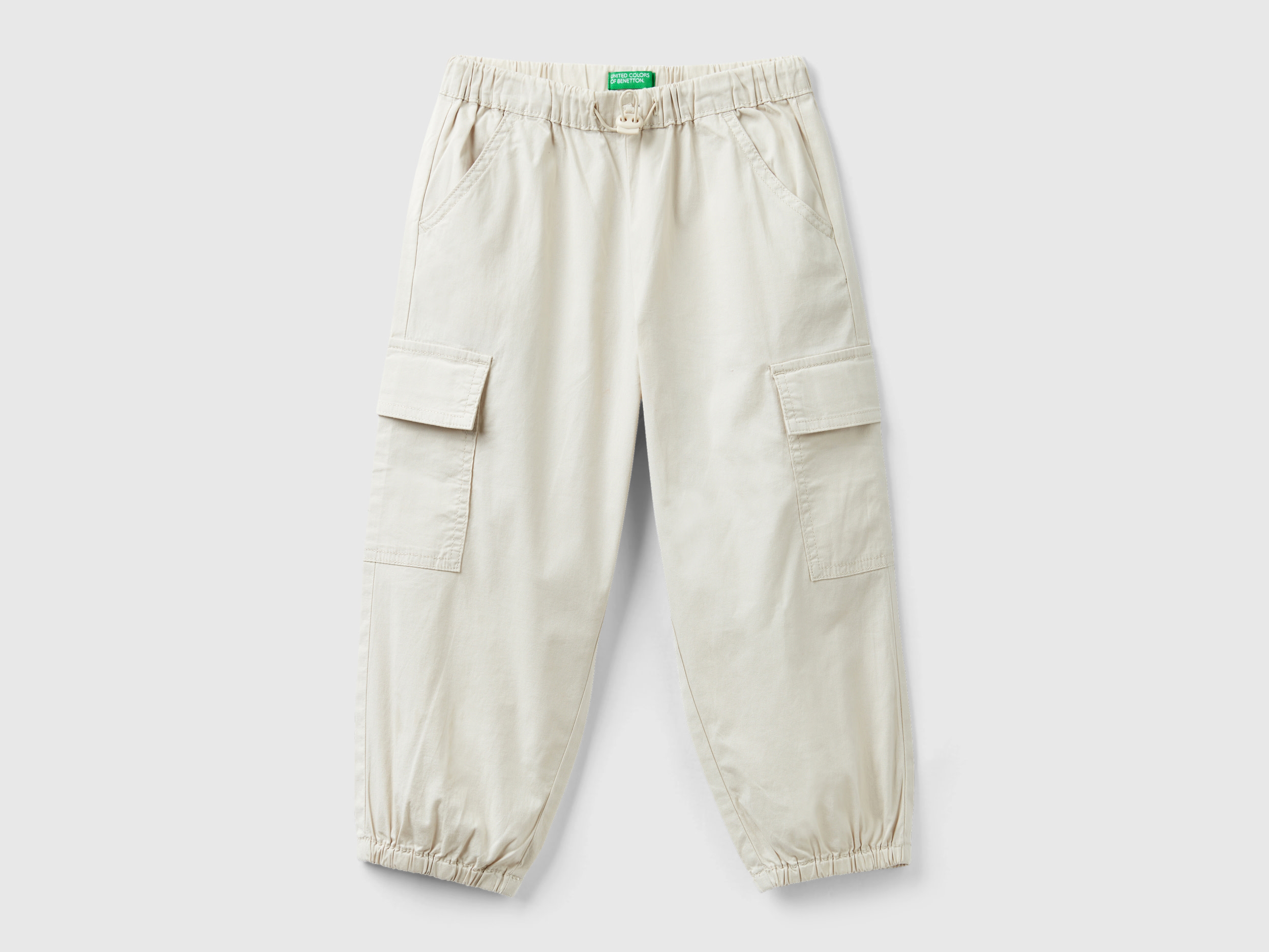 Benetton, Pantaloni Cargo In Cotone Stretch, Bianco Panna, Bambini