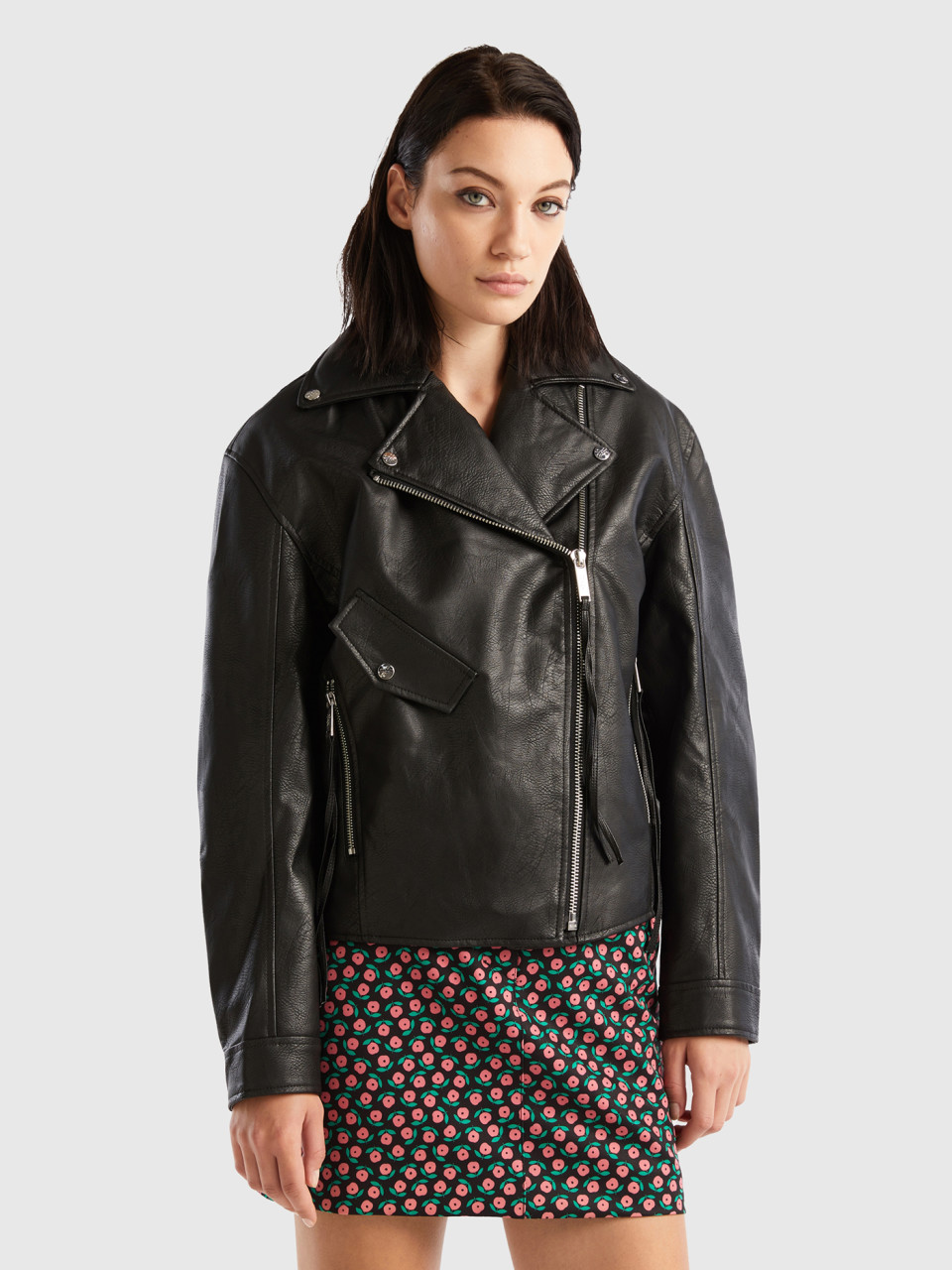 Benetton, Biker Jacket In Imitation Leather, Black, Women