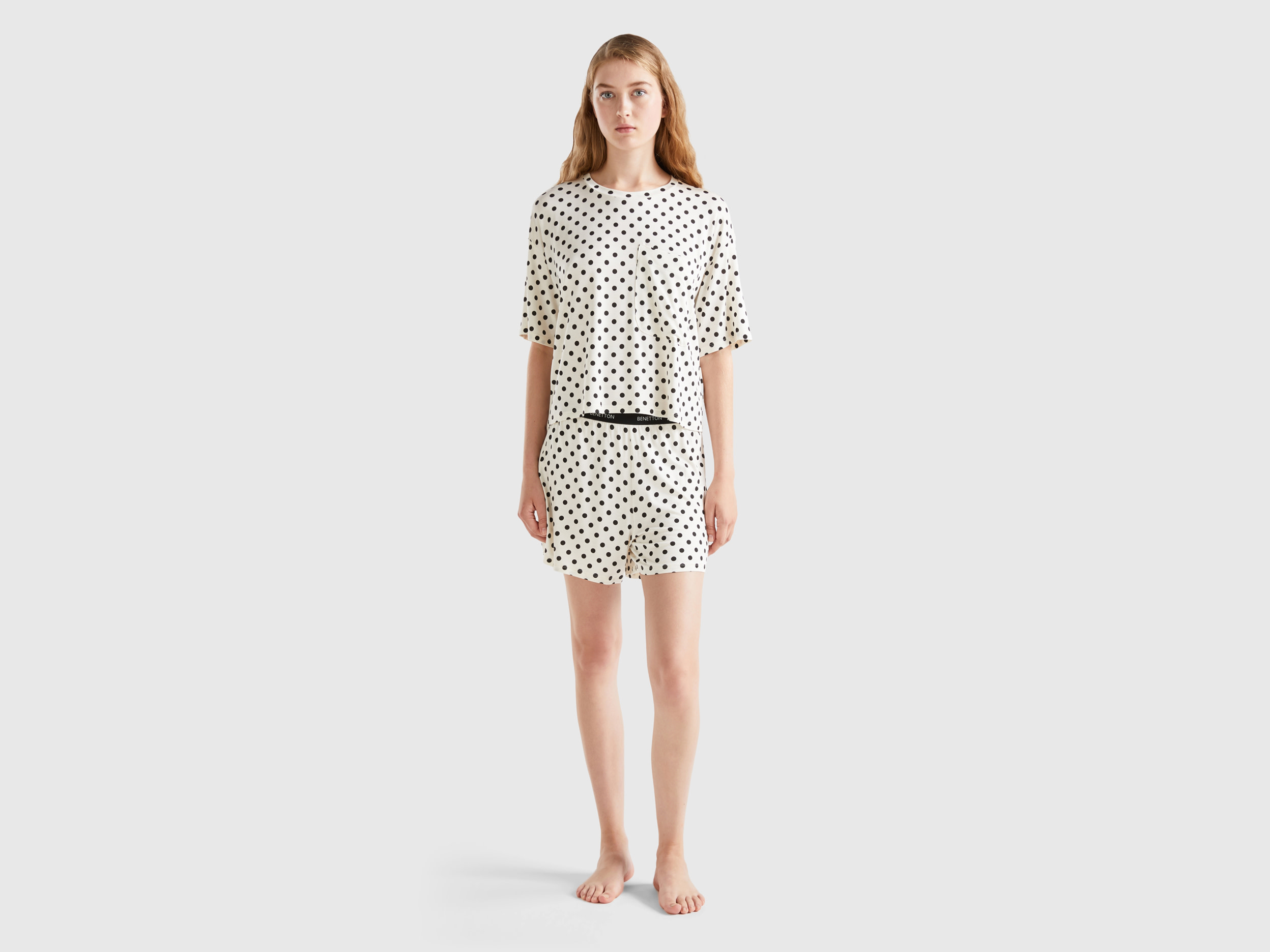 Benetton, Pyjamas With Polka Dot Shorts, size L, Creamy White, Women