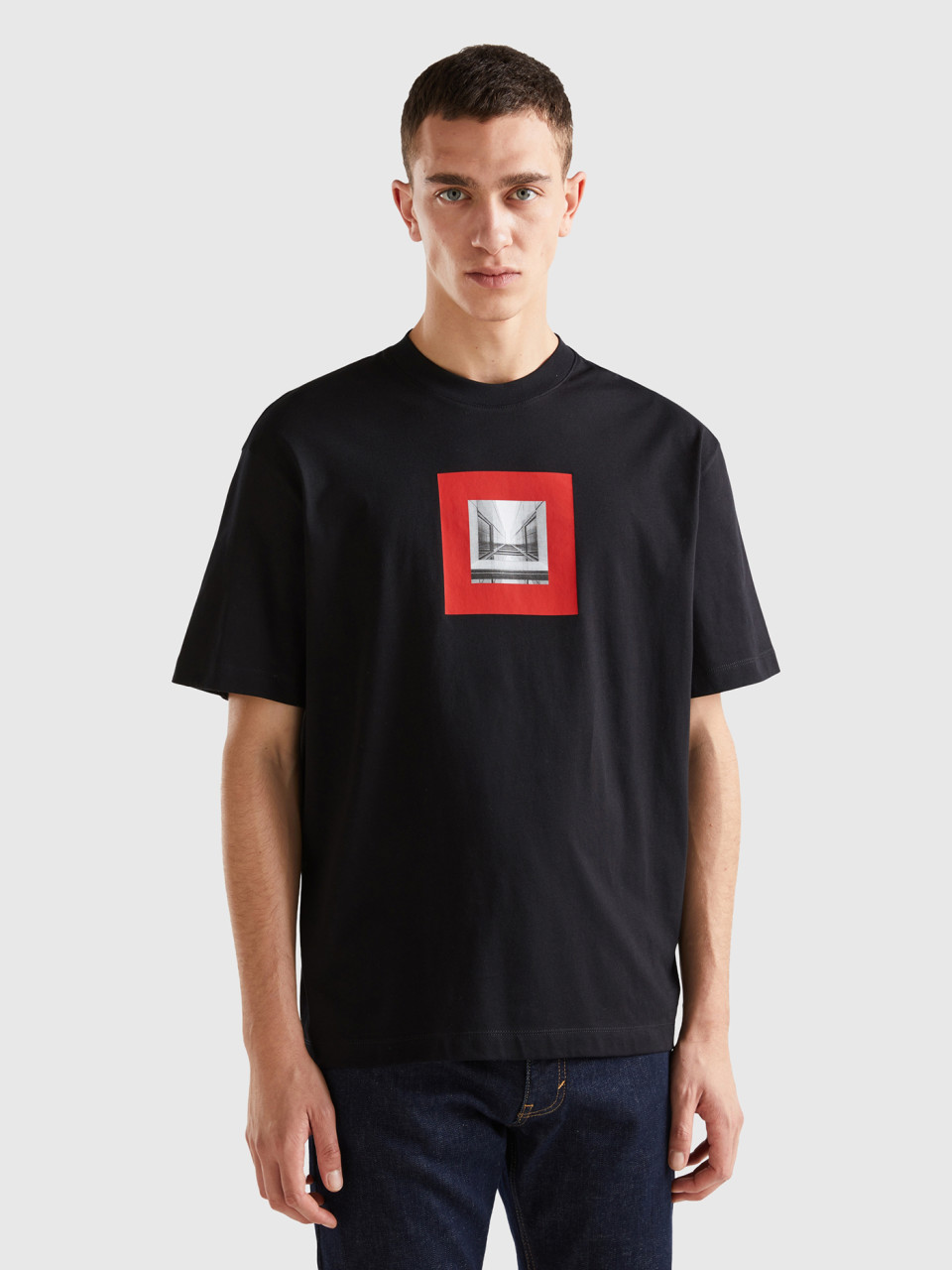 Benetton, Boxy Fit T-shirt With Print, Black, Men