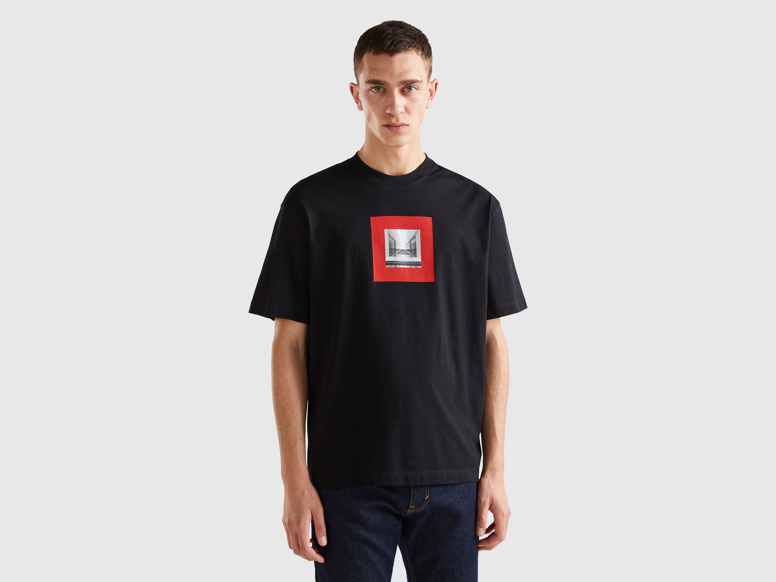 Benetton, Boxy Fit T-shirt With Print, size XL, Black, Men