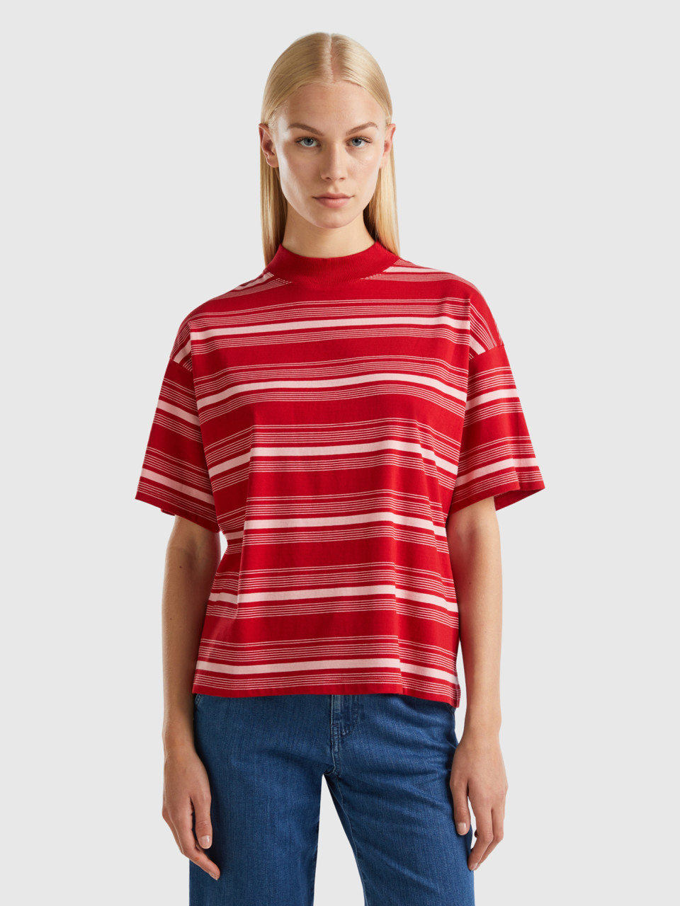 Benetton, Striped Turtleneck T-shirt, Red, Women