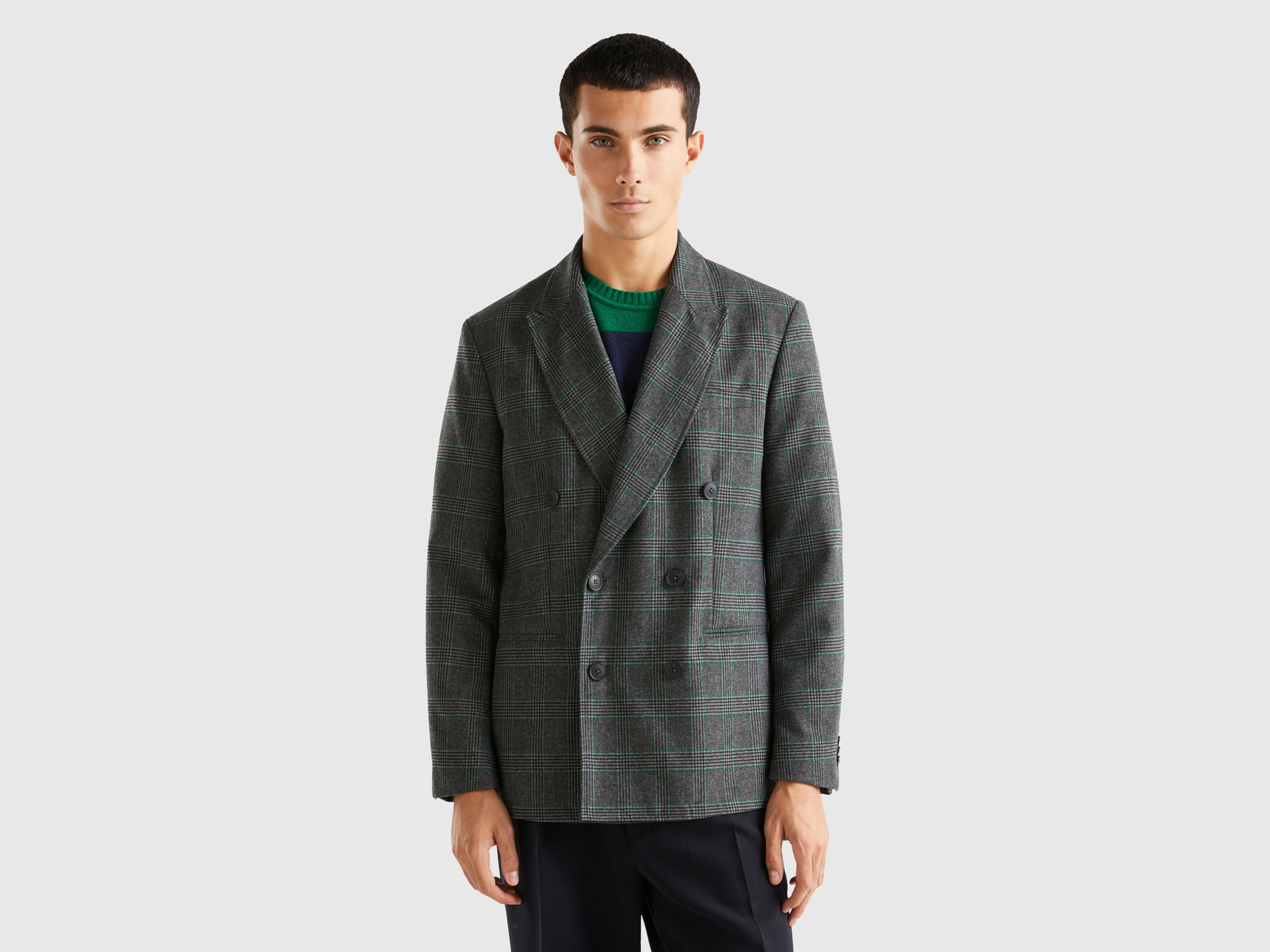 Benetton, Double-breasted Prince Of Wales Jacket, size 44, Gray, Men