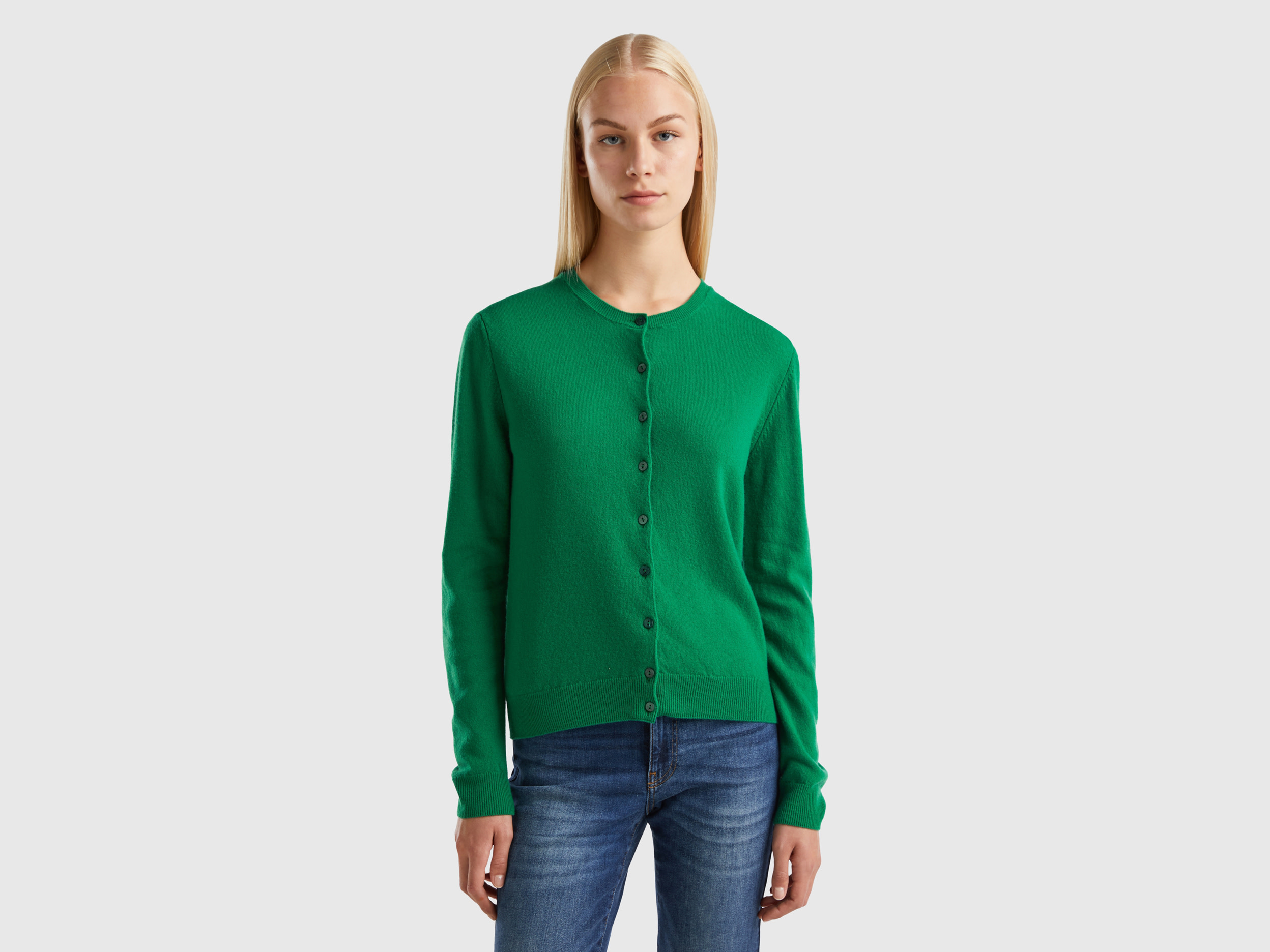 Benetton, Forest Green Crew Neck Cardigan In Pure Merino Wool, size XS, Green, Women