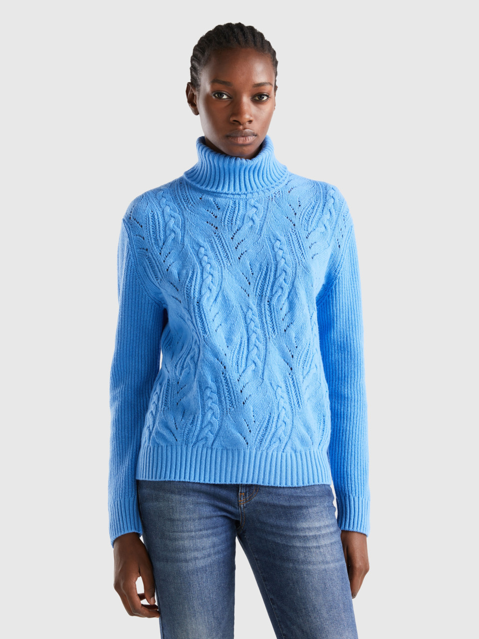 Benetton, Knit Turtle Neck Sweater, Light Blue, Women