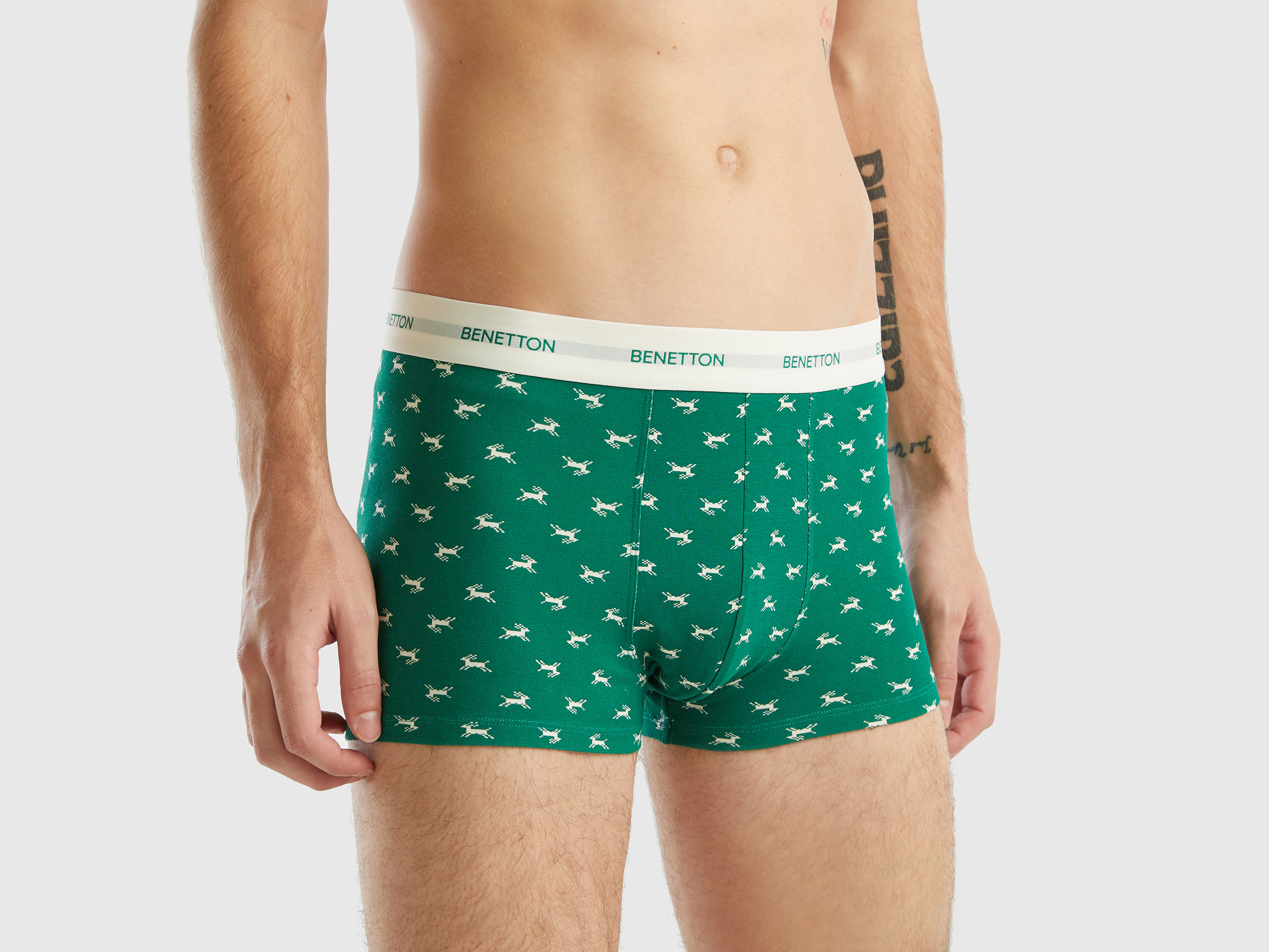 Benetton, Green Boxers With Reindeer Print, size L, Green, Men