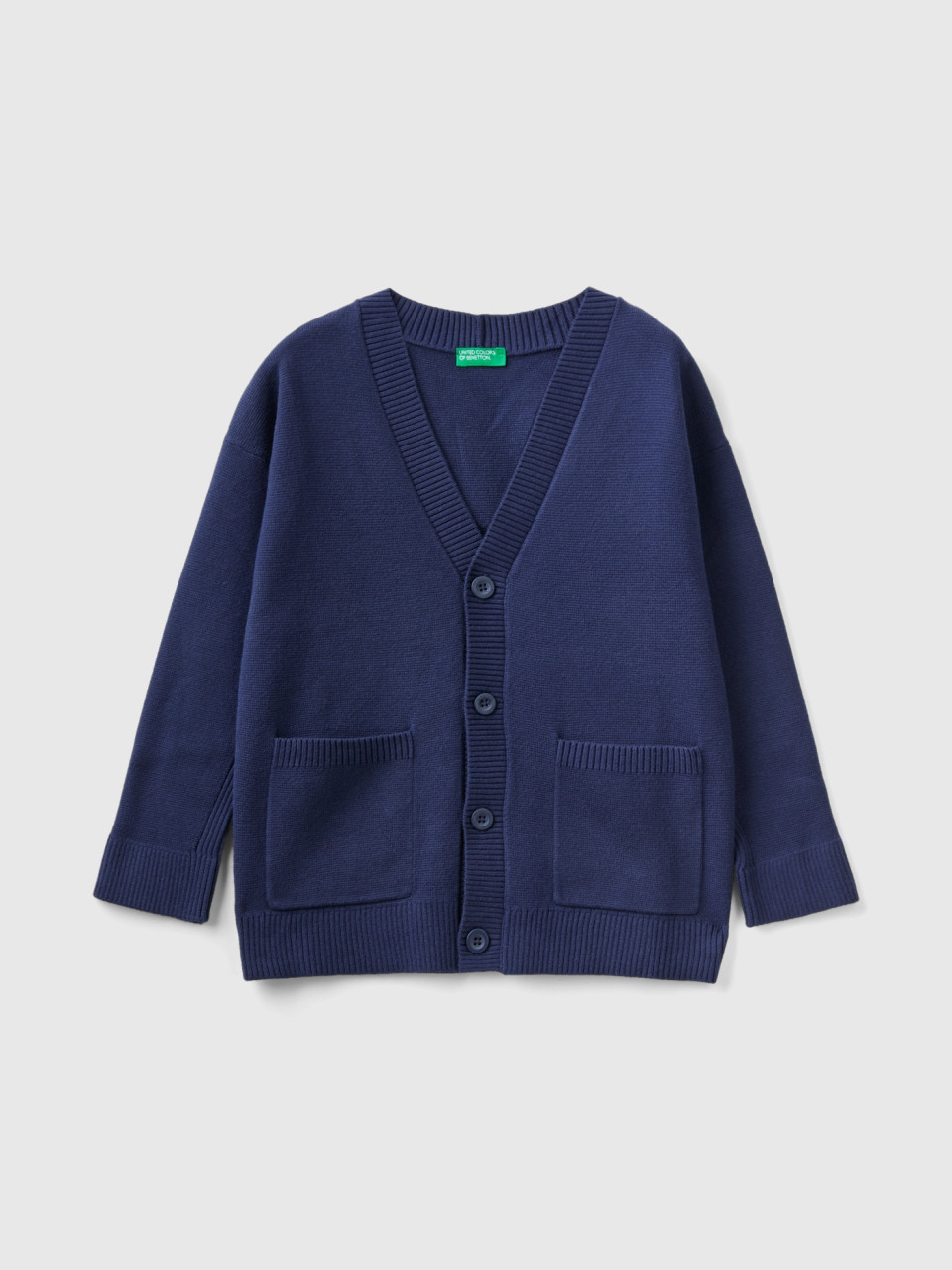 Benetton, V-neck Cardigan In Cotton, Dark Blue, Kids