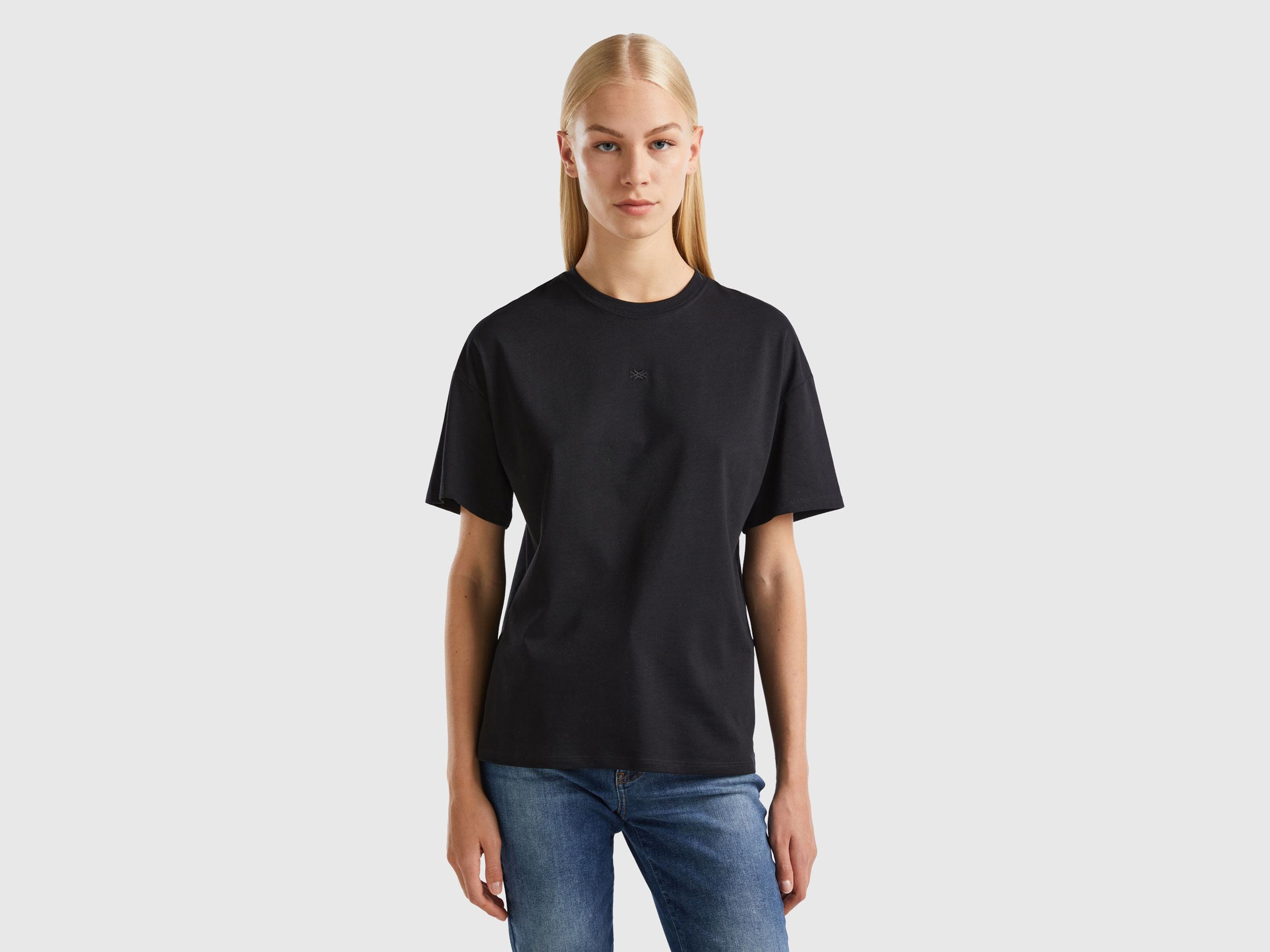 Benetton, T-shirt With Embroidered Logo, size M, Black, Women