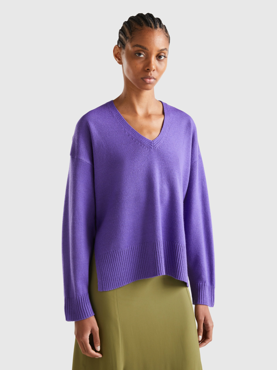 Benetton, Oversized Fit V-neck Sweater, Violet, Women