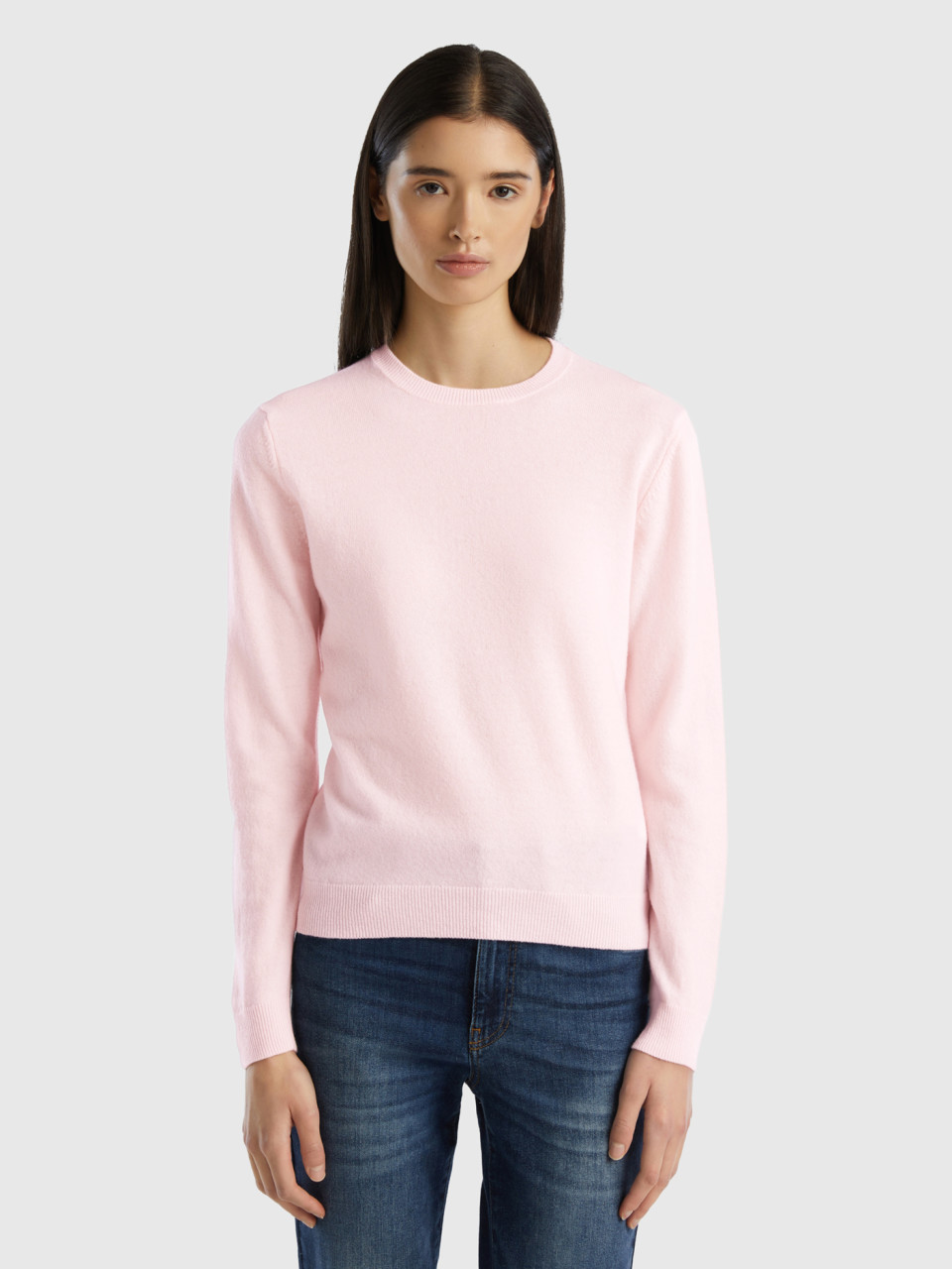 Benetton, Light Pink Crew Neck Sweater In Merino Wool, Soft Pink, Women