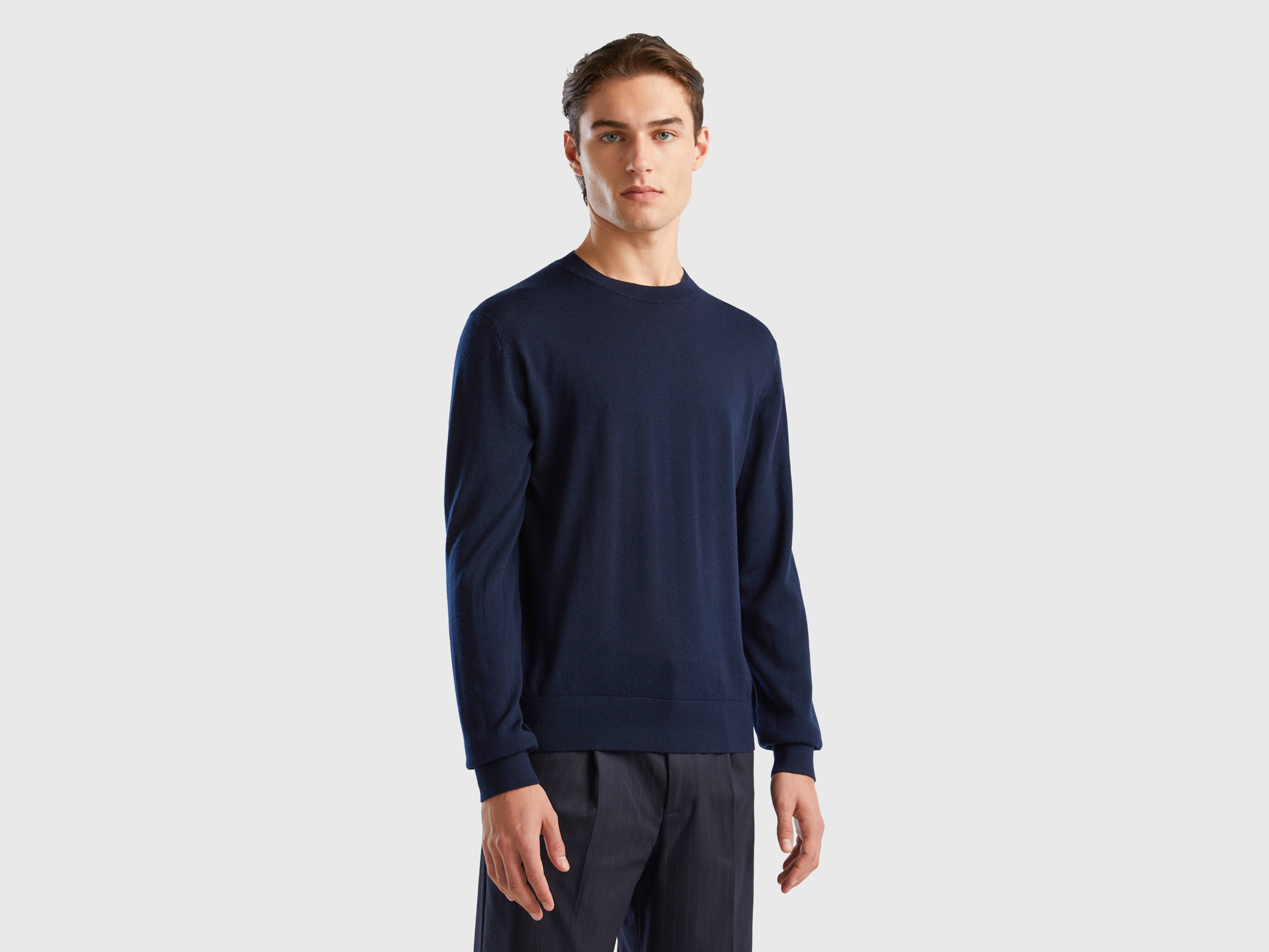 Benetton, Dark Blue Sweater In Pure Merino Wool, size L, Dark Blue, Men