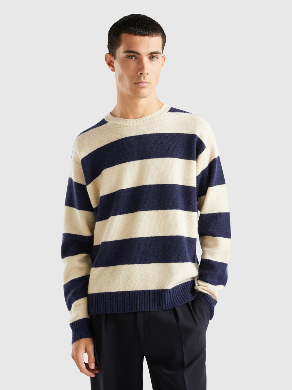 Benetton, Sweater With Two-tone Stripes, Beige, Men
