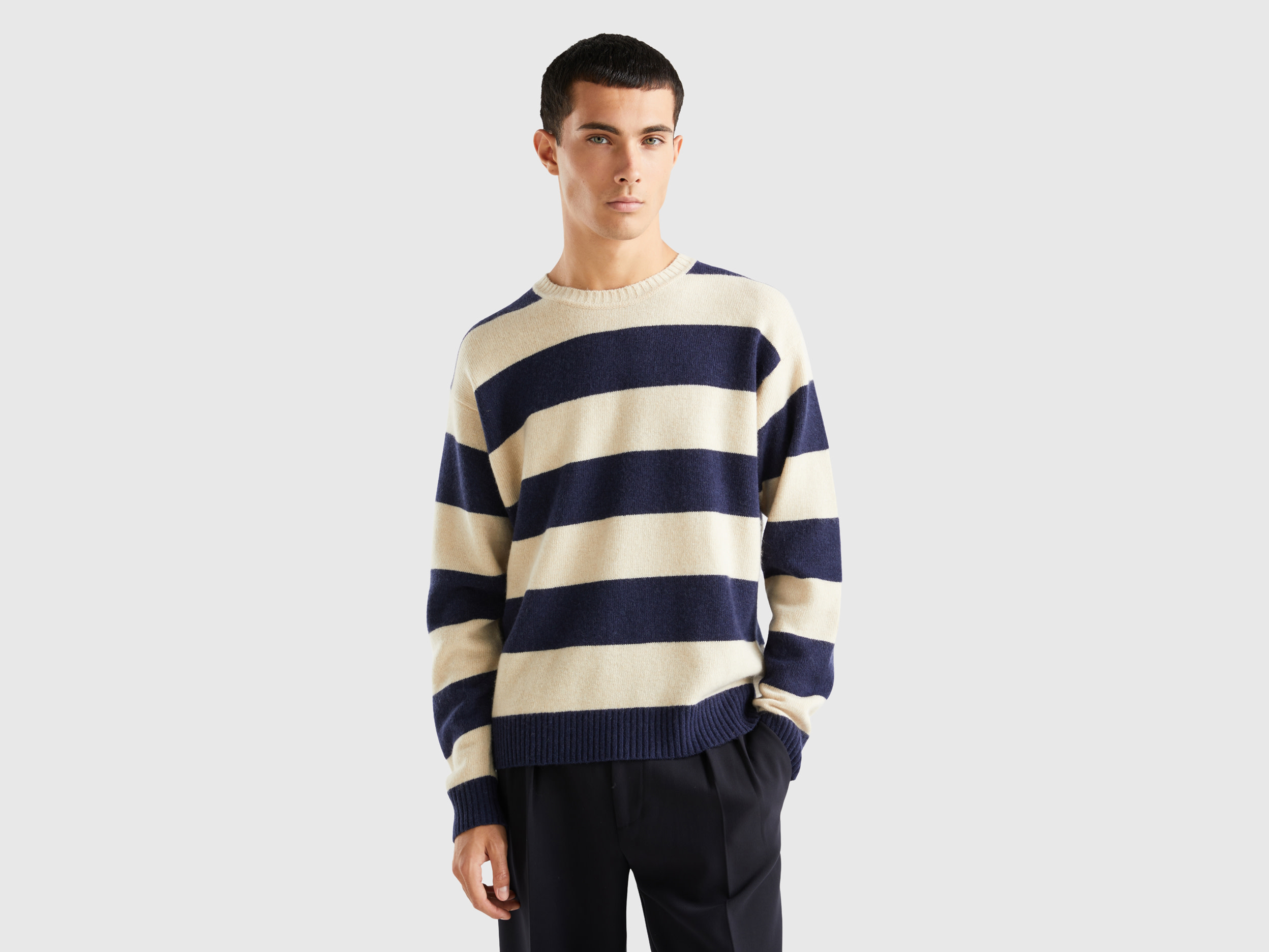 Benetton, Sweater With Two-tone Stripes, size XL, Beige, Men