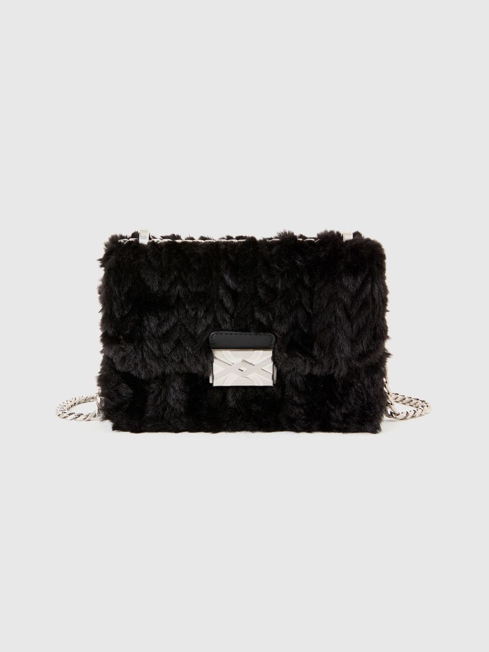 Benetton, Small Black Bag In Imitation Fur, Black, Women