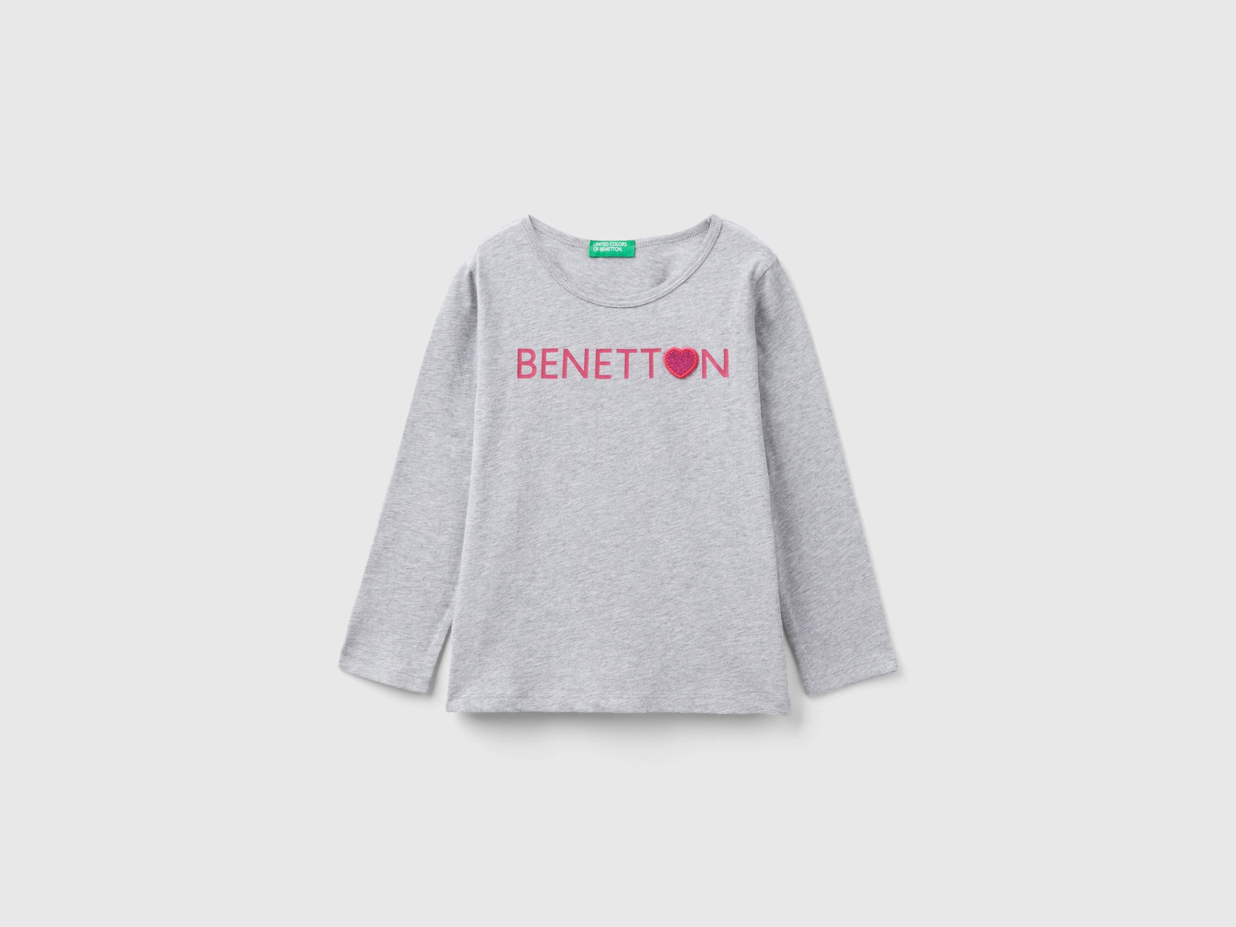 Benetton, Organic Cotton T-shirt With Glittery Print, size 4-5, Light Gray, Kids
