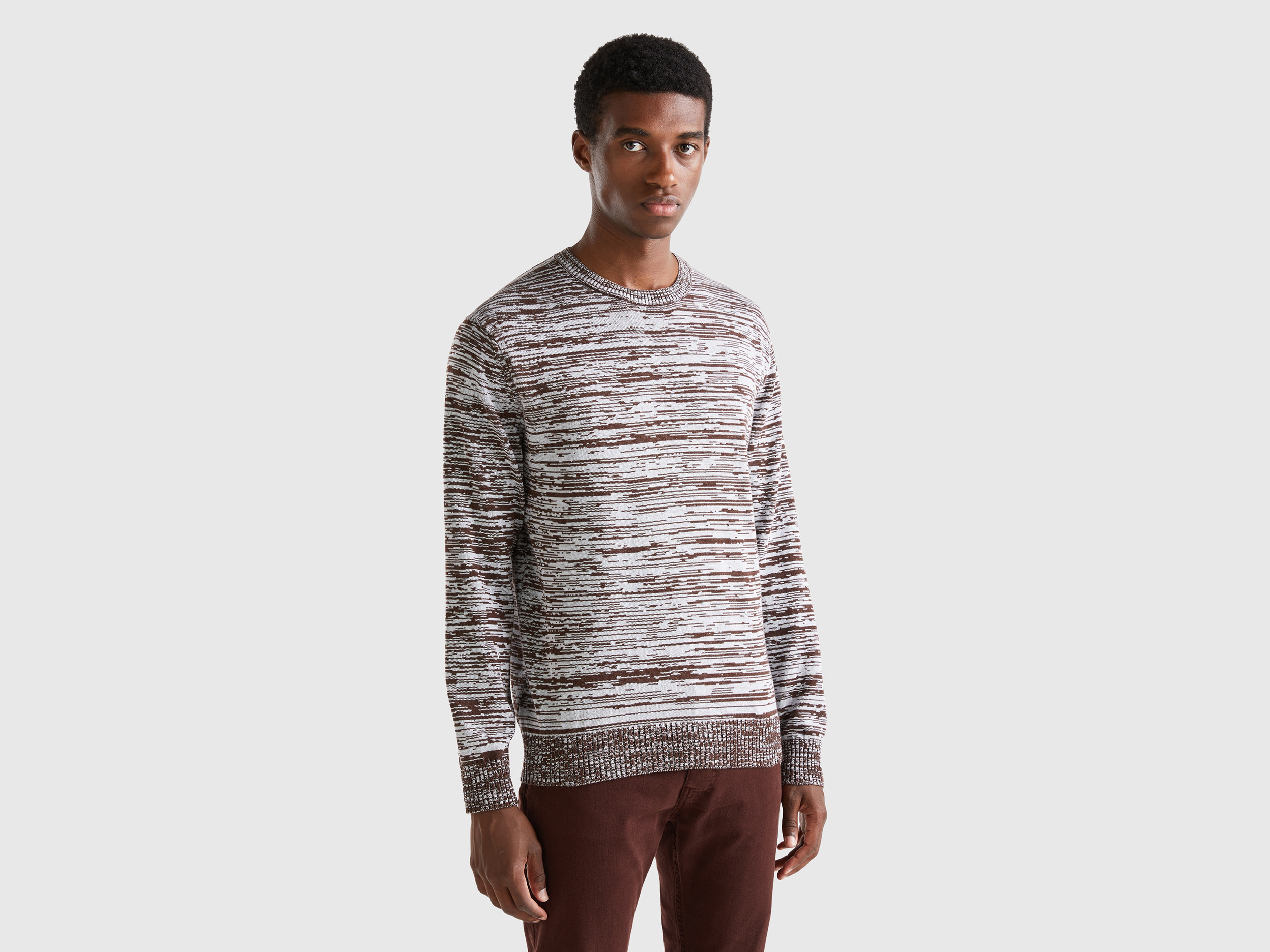 Benetton, Sweater With Striped Motif, size L, Dark Brown, Men