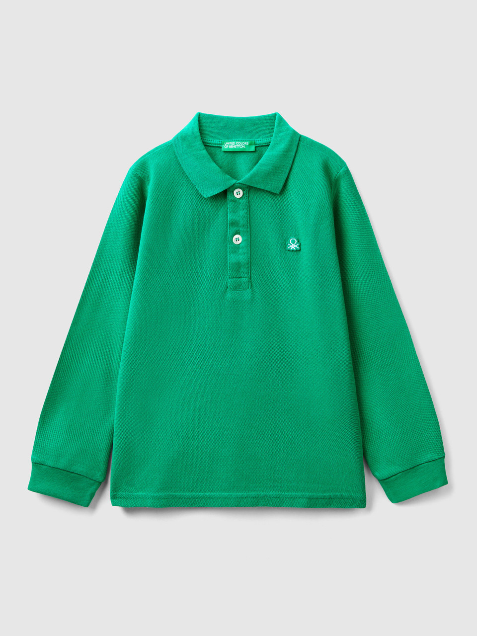 Benetton, Long Sleeve Polo In Organic Cotton, Green, Kids