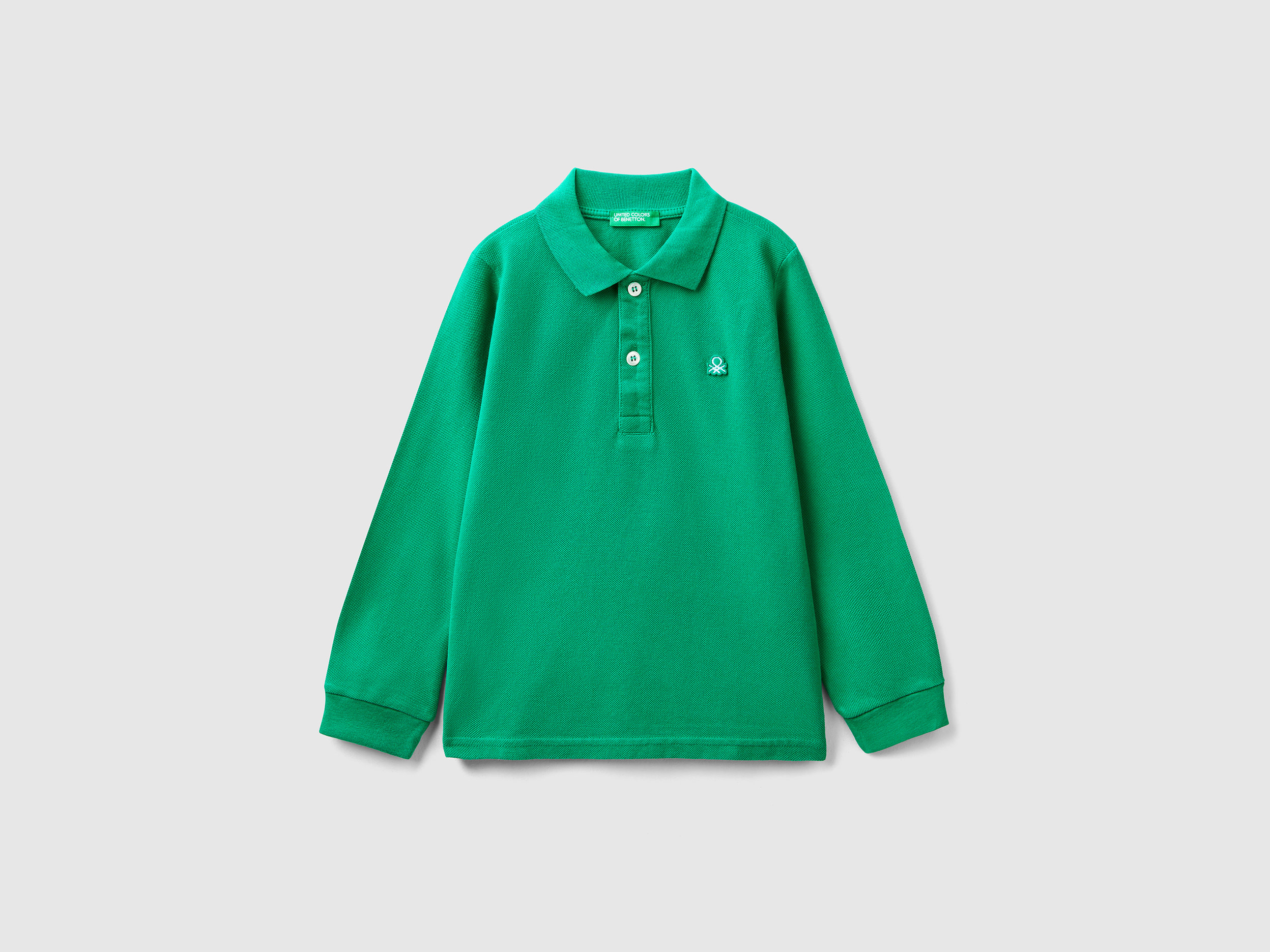 Benetton, Long Sleeve Polo In Organic Cotton, size 18-24, Green, Kids
