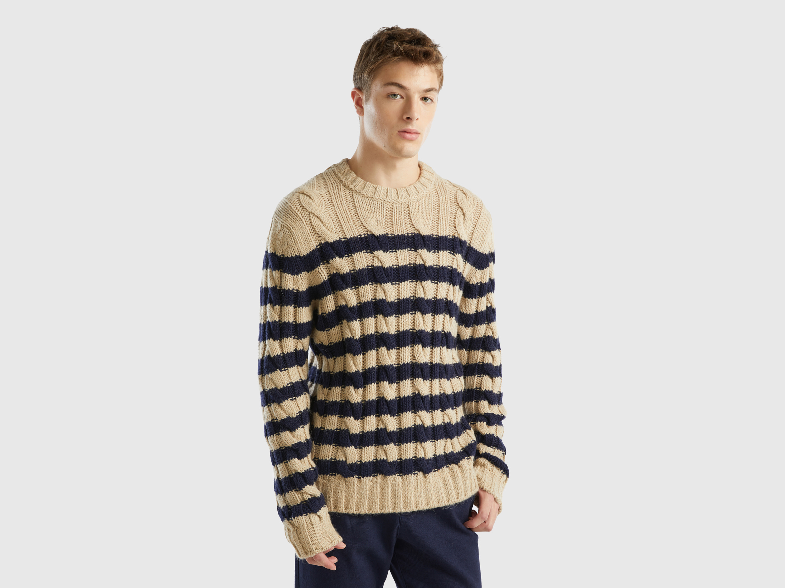 Benetton, Striped Sweater In Alpaca And Wool Blend, size XL, Dark Blue, Men