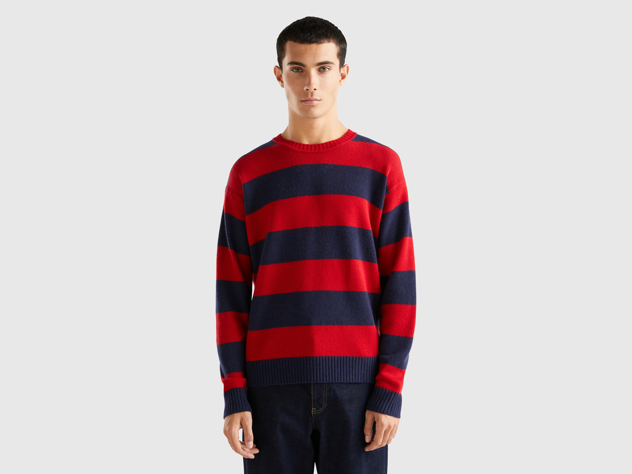Benetton, Sweater With Two-tone Stripes, size M, Red, Men