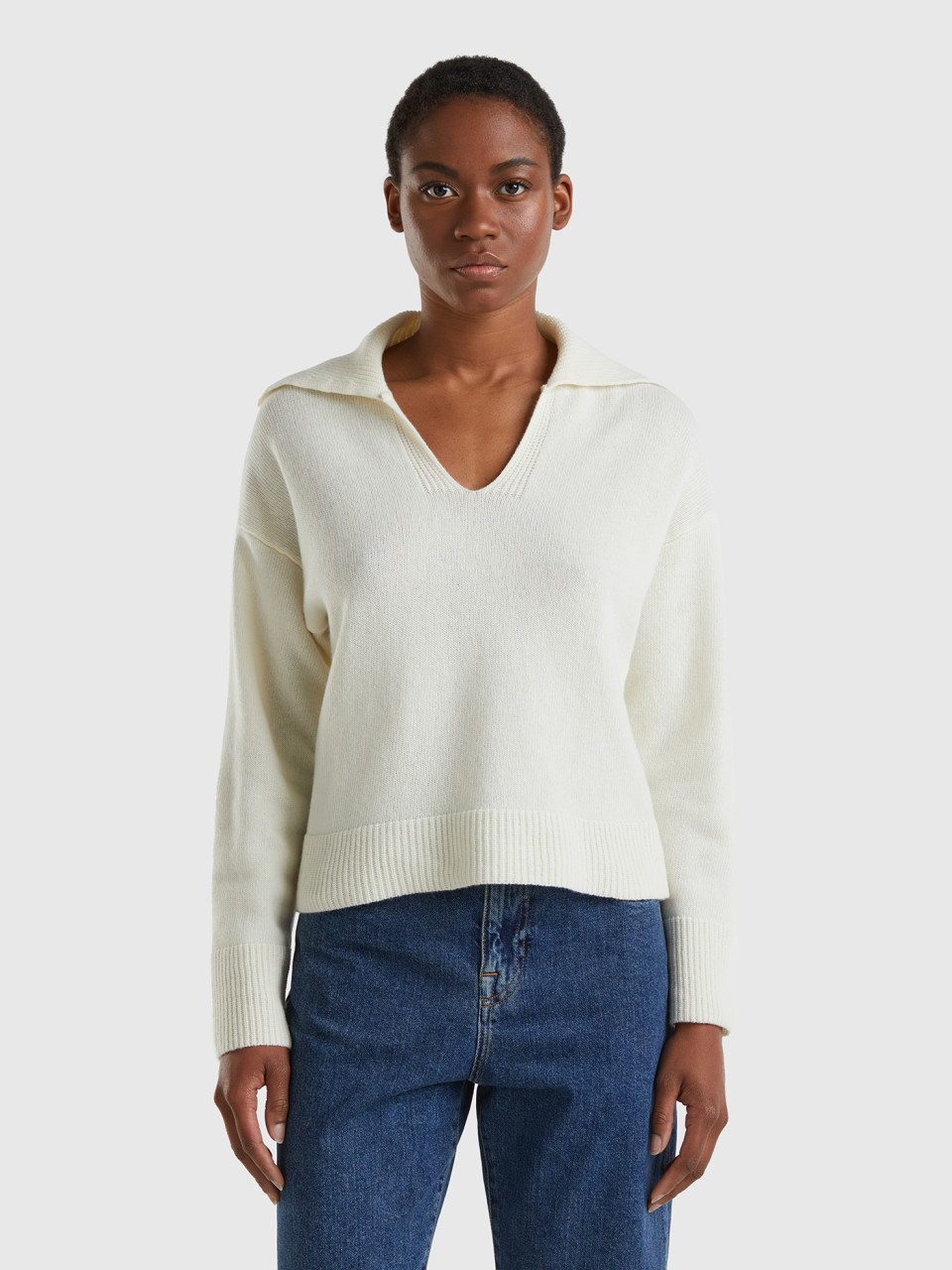 Benetton, Boxy Fit Sweater With Polo Collar, White, Women