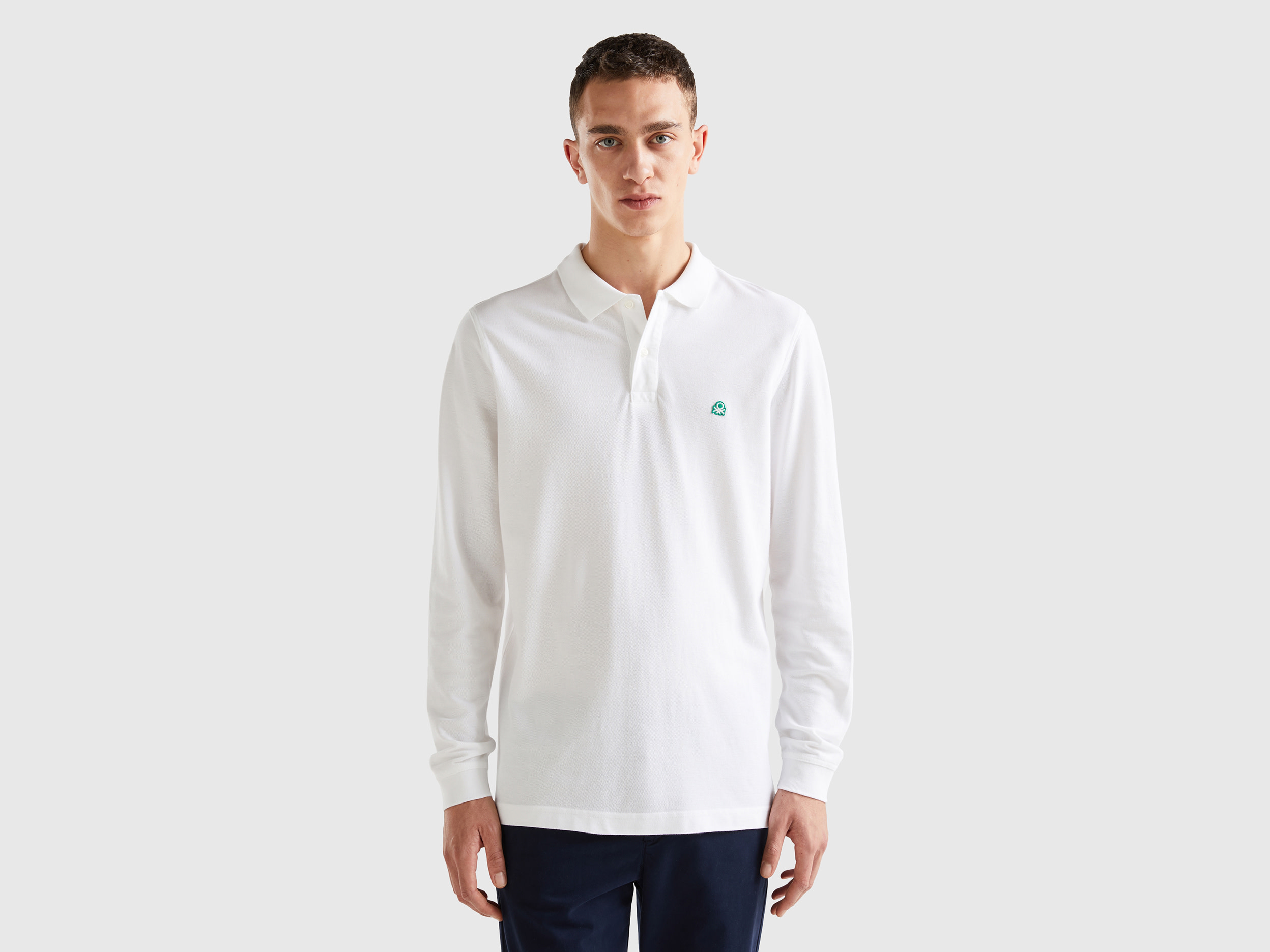 Benetton, Long Sleeve 100% Cotton Polo, size M, White, Men