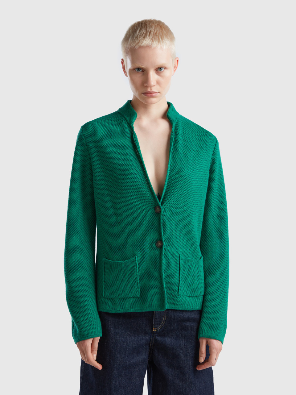 Benetton, Knit Jacket In Wool And Cashmere Blend, Green, Women