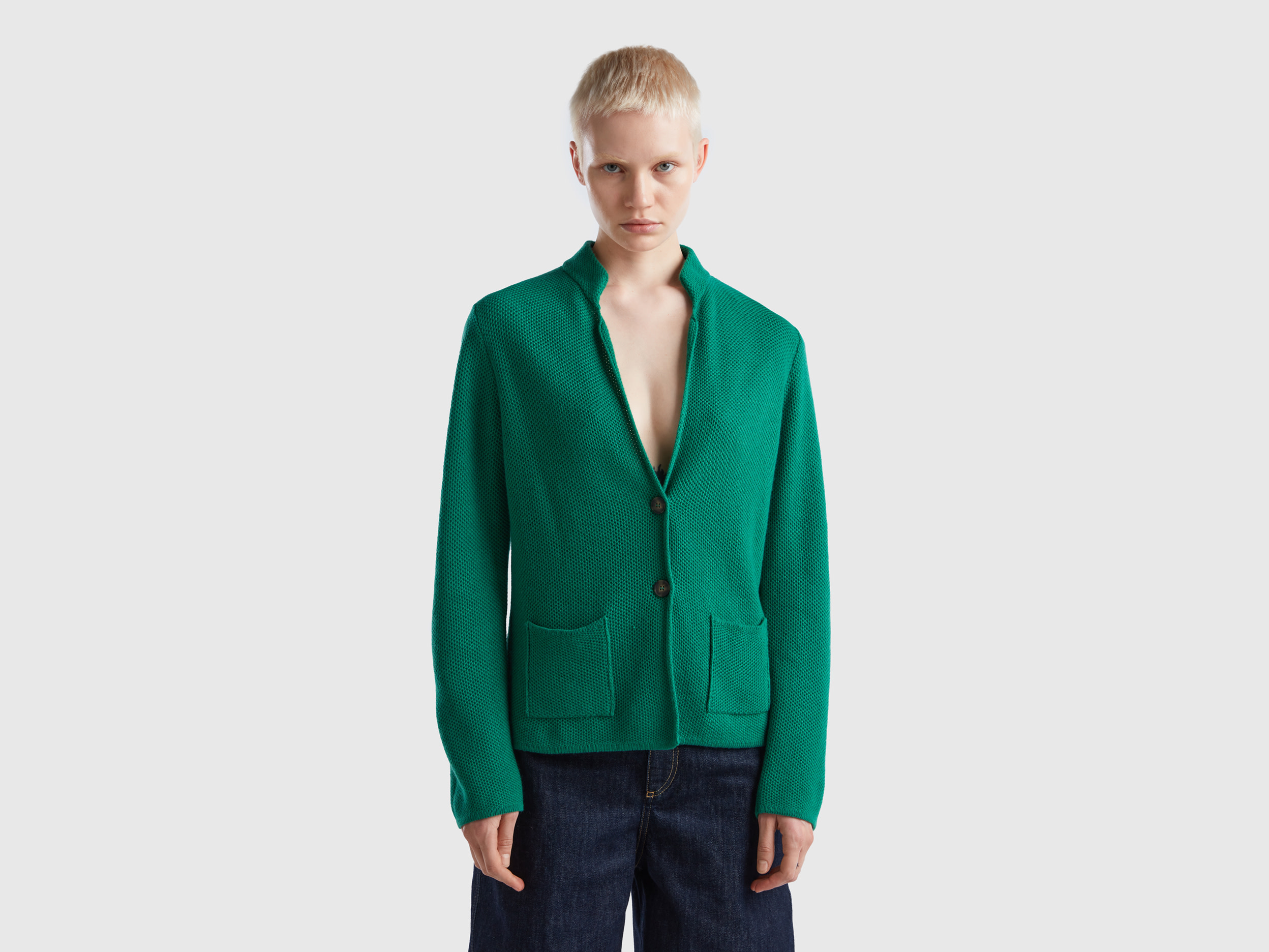 Benetton, Knit Jacket In Wool And Cashmere Blend, size M, Green, Women