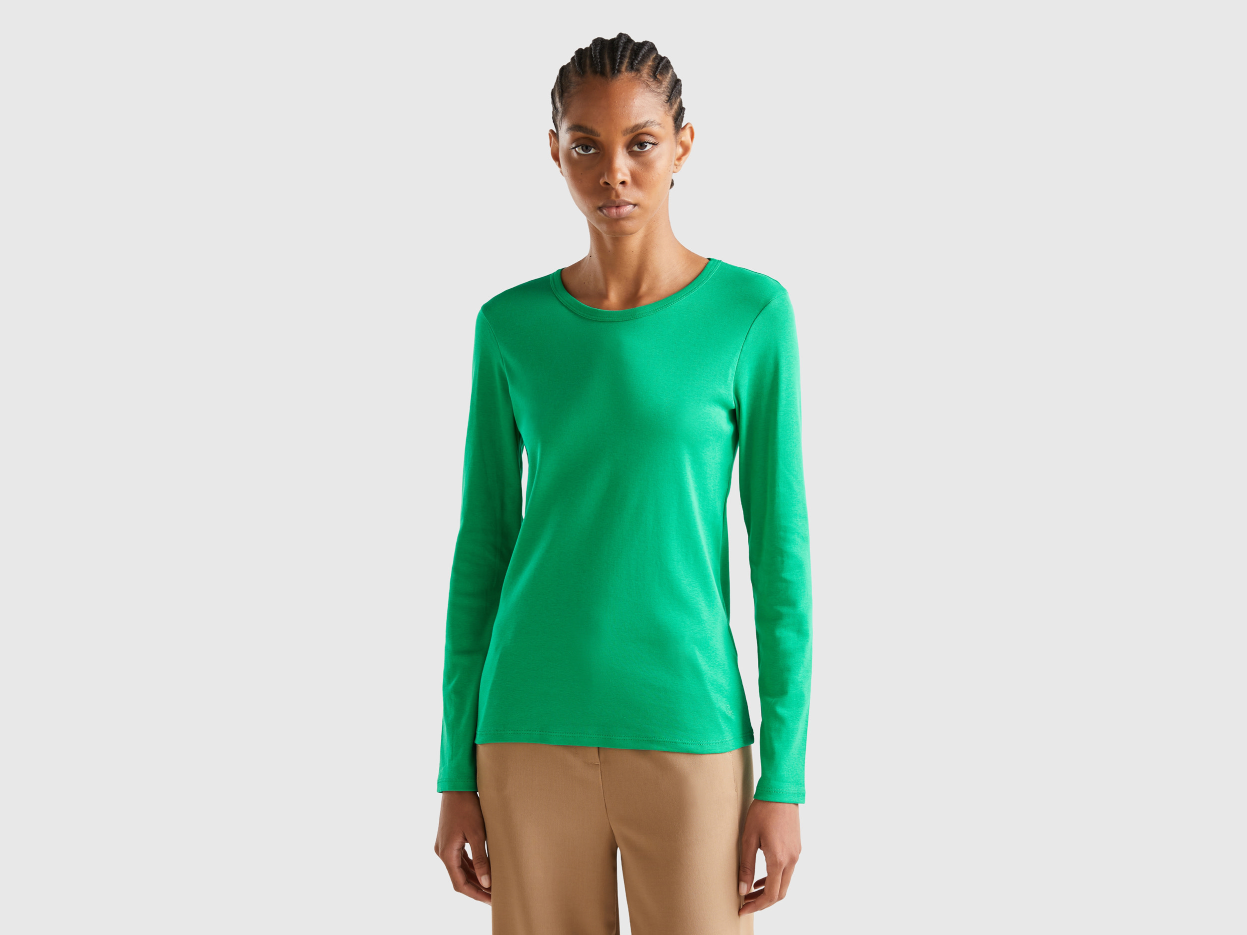 Benetton, Long Sleeve Pure Cotton T-shirt, size S, Green, Women