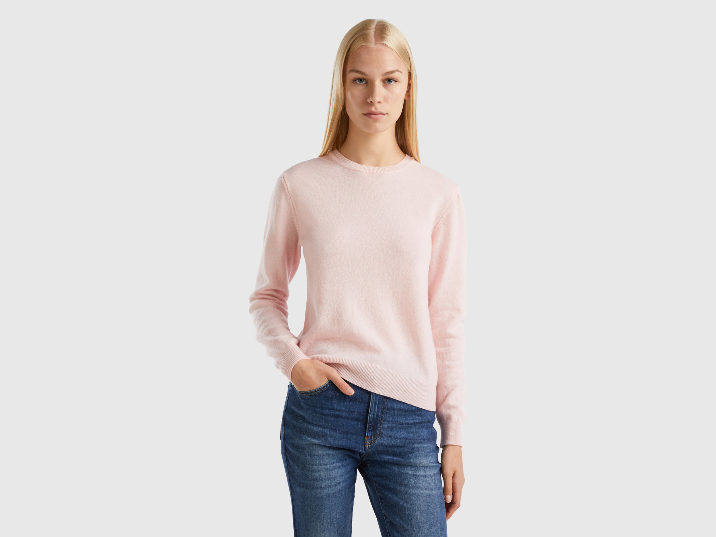 Benetton, Pastel Pink Crew Neck Sweater In Merino Wool, size XL, Pastel Pink, Women