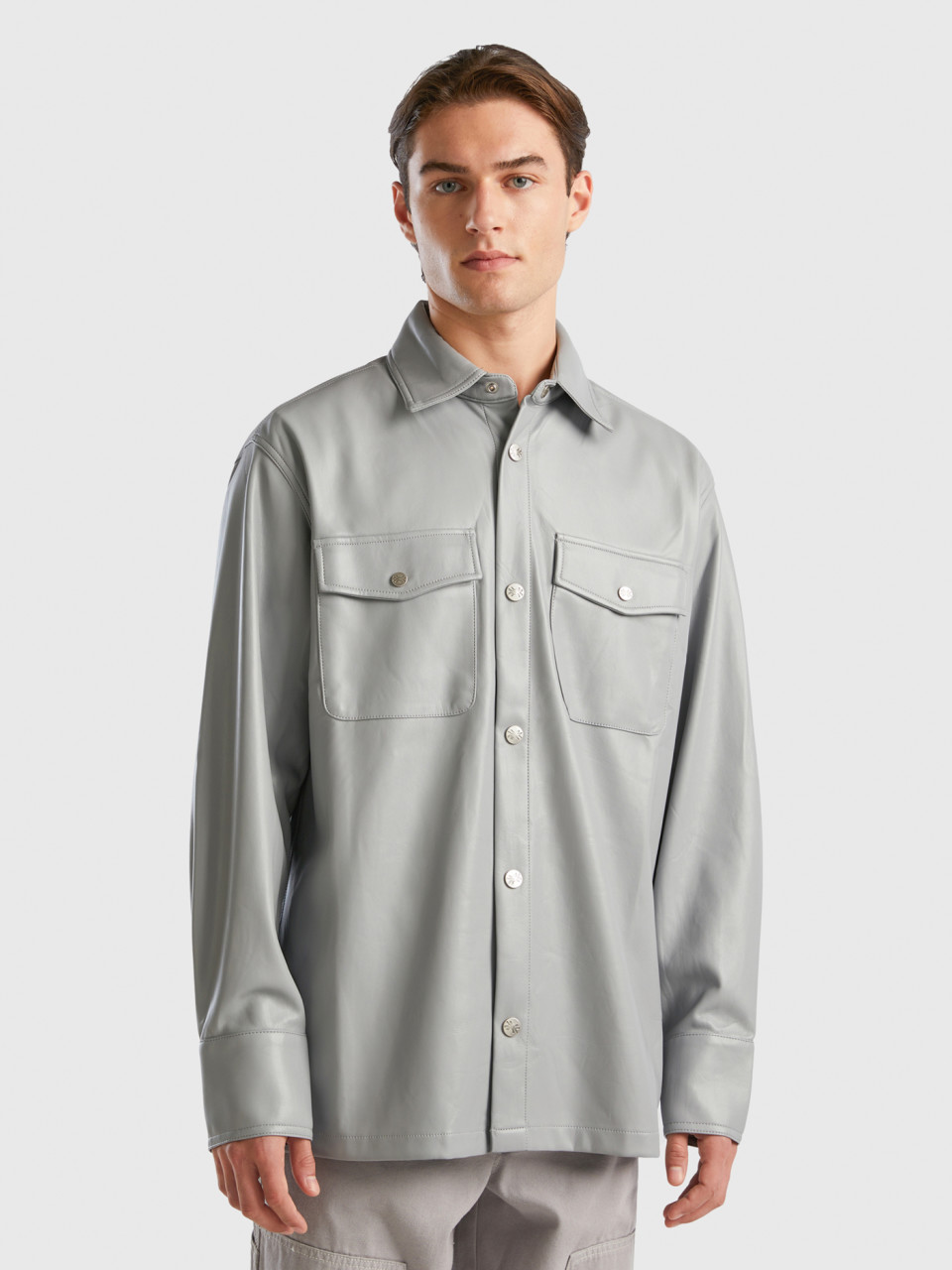 Benetton, Shirt In Imitation Leather, Light Gray, Men