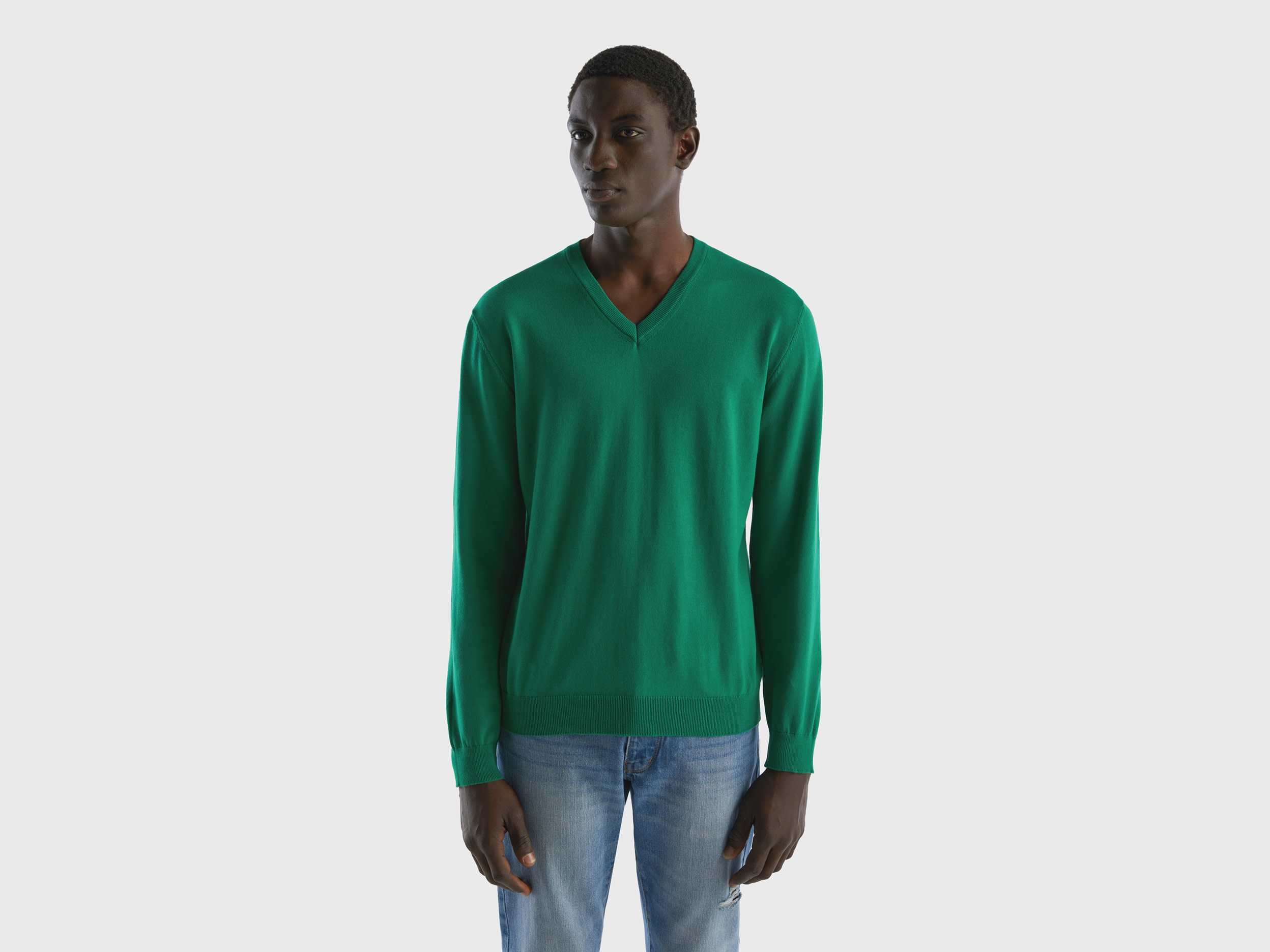 Benetton, V-neck Sweater In Pure Cotton, size L, Dark Green, Men